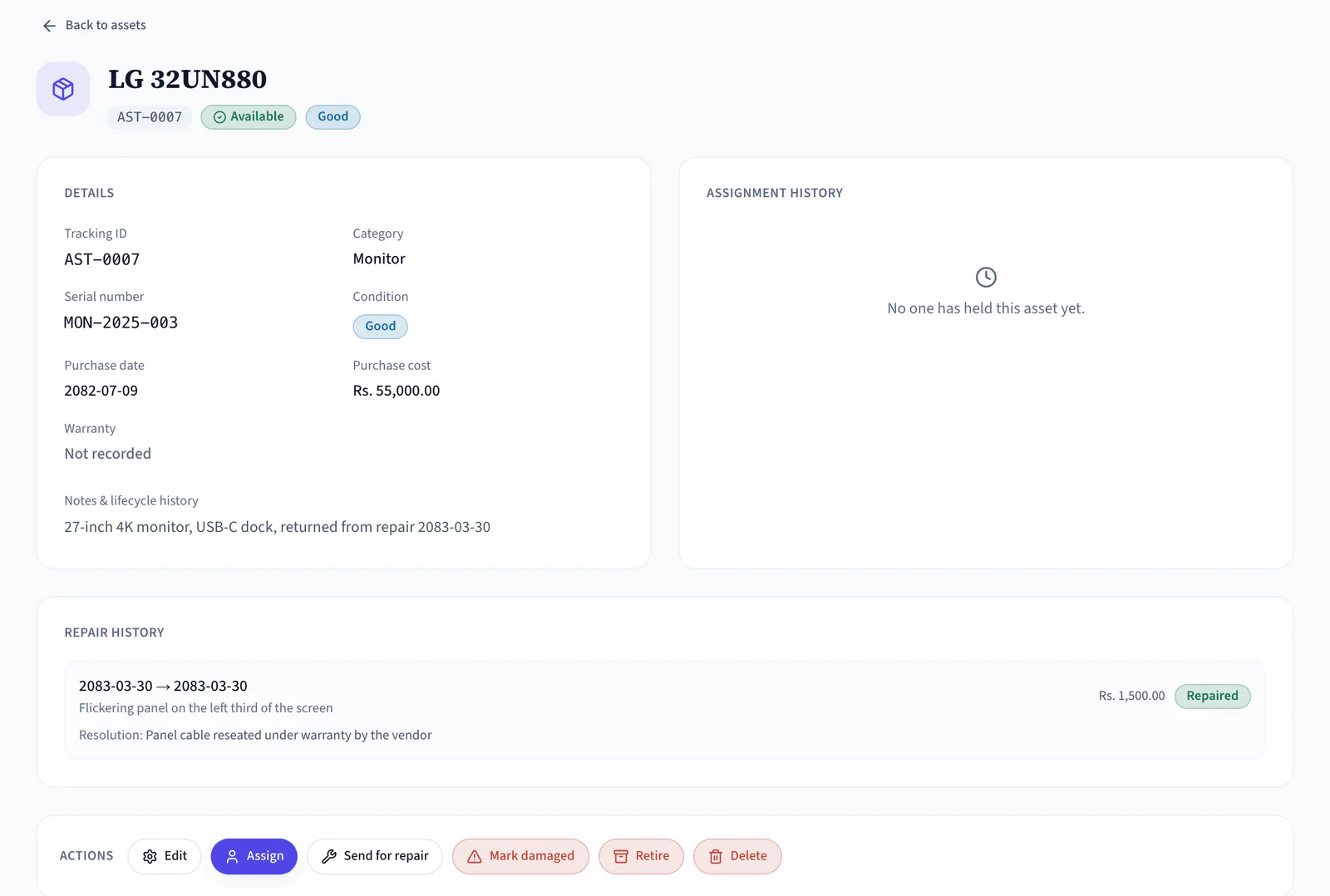 An available monitor in the NepalHRM asset register with its tracking ID, condition and purchase cost, and the Assign action ready