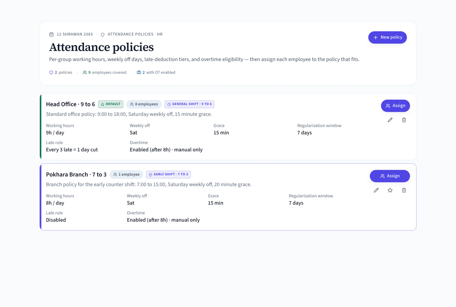 Two NepalHRM attendance policies with their working hours, weekly off day, grace minutes, late rule, overtime setting and regularization window