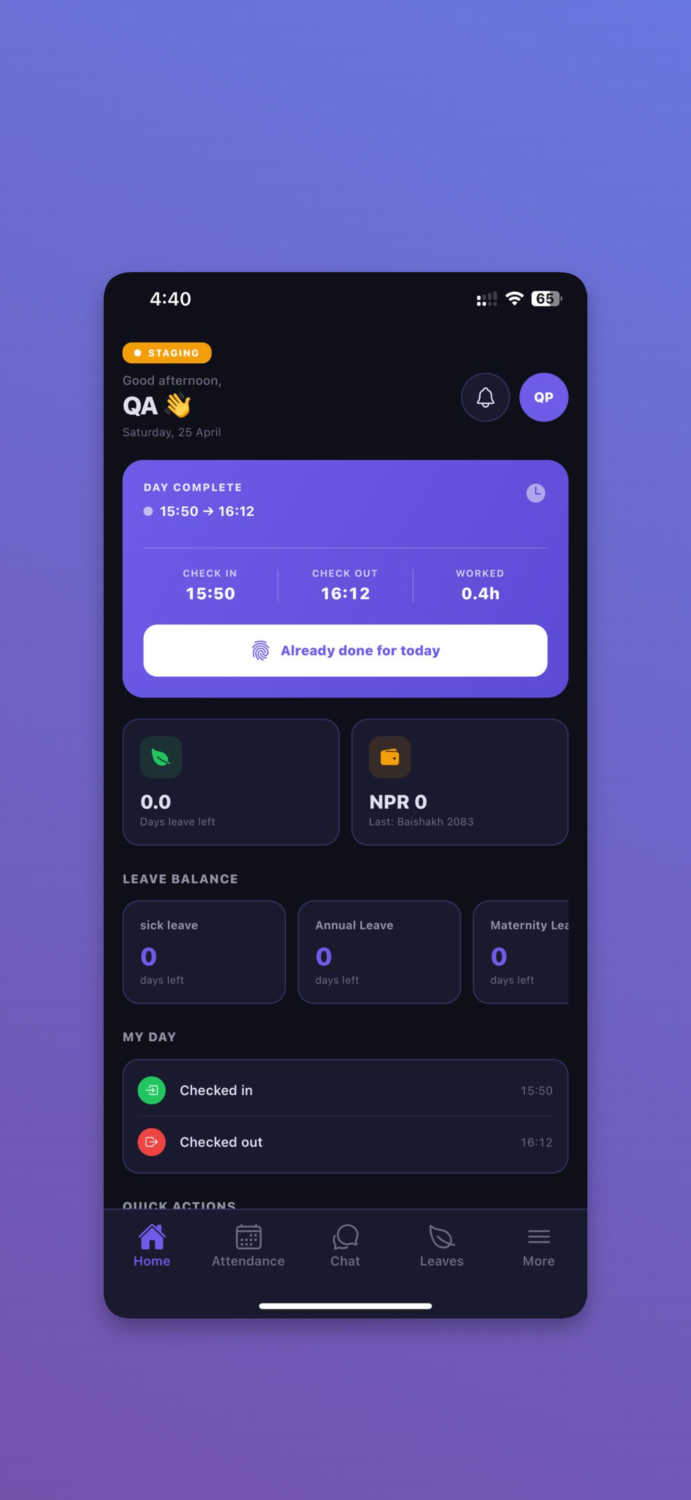 NepalHRM app home dashboard