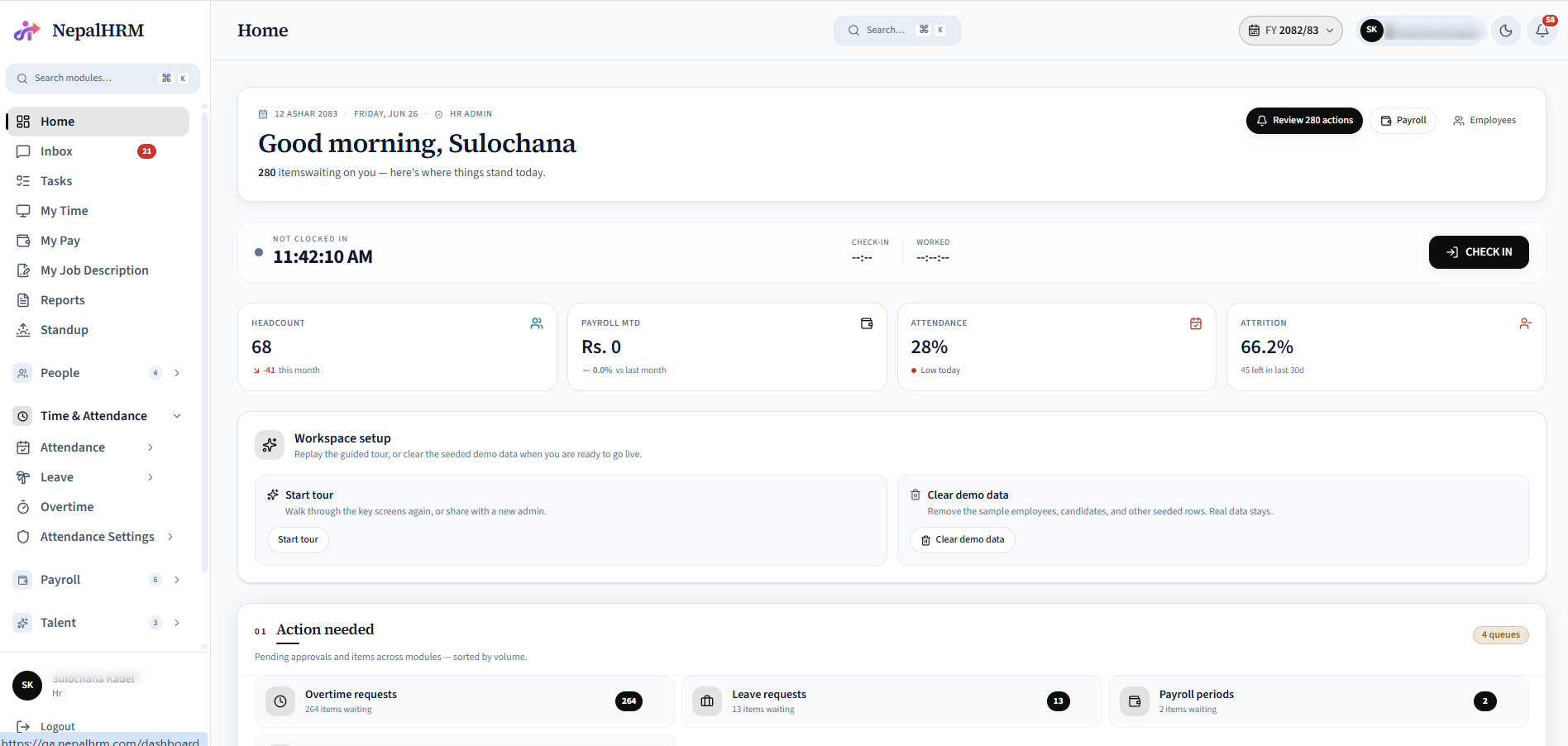 NepalHRM home dashboard, the morning view
