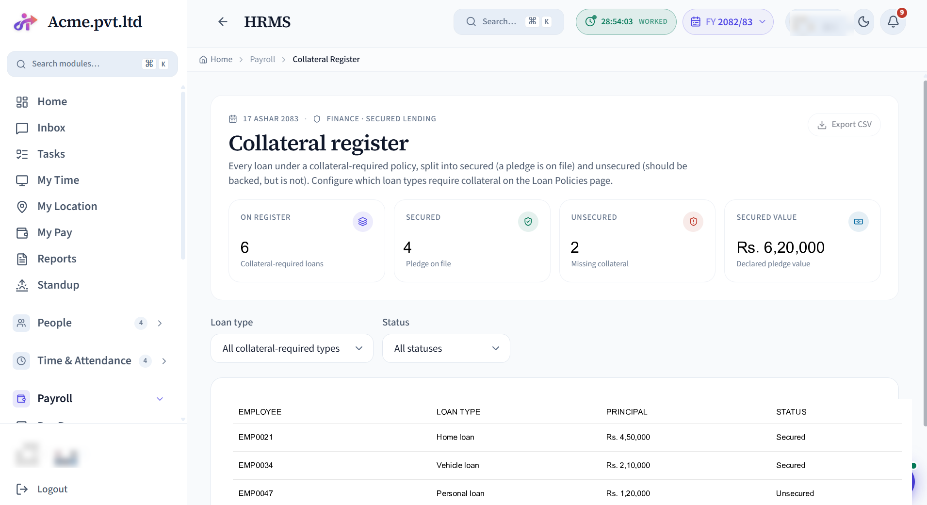 Collateral Register screen