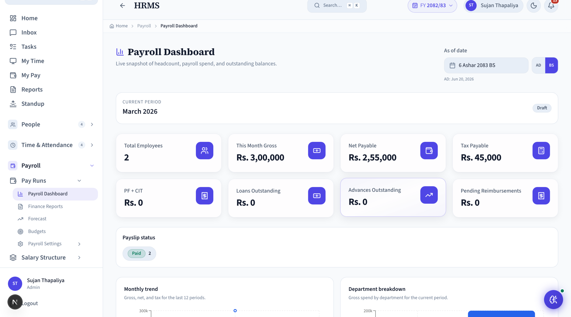 Payroll Dashboard screen