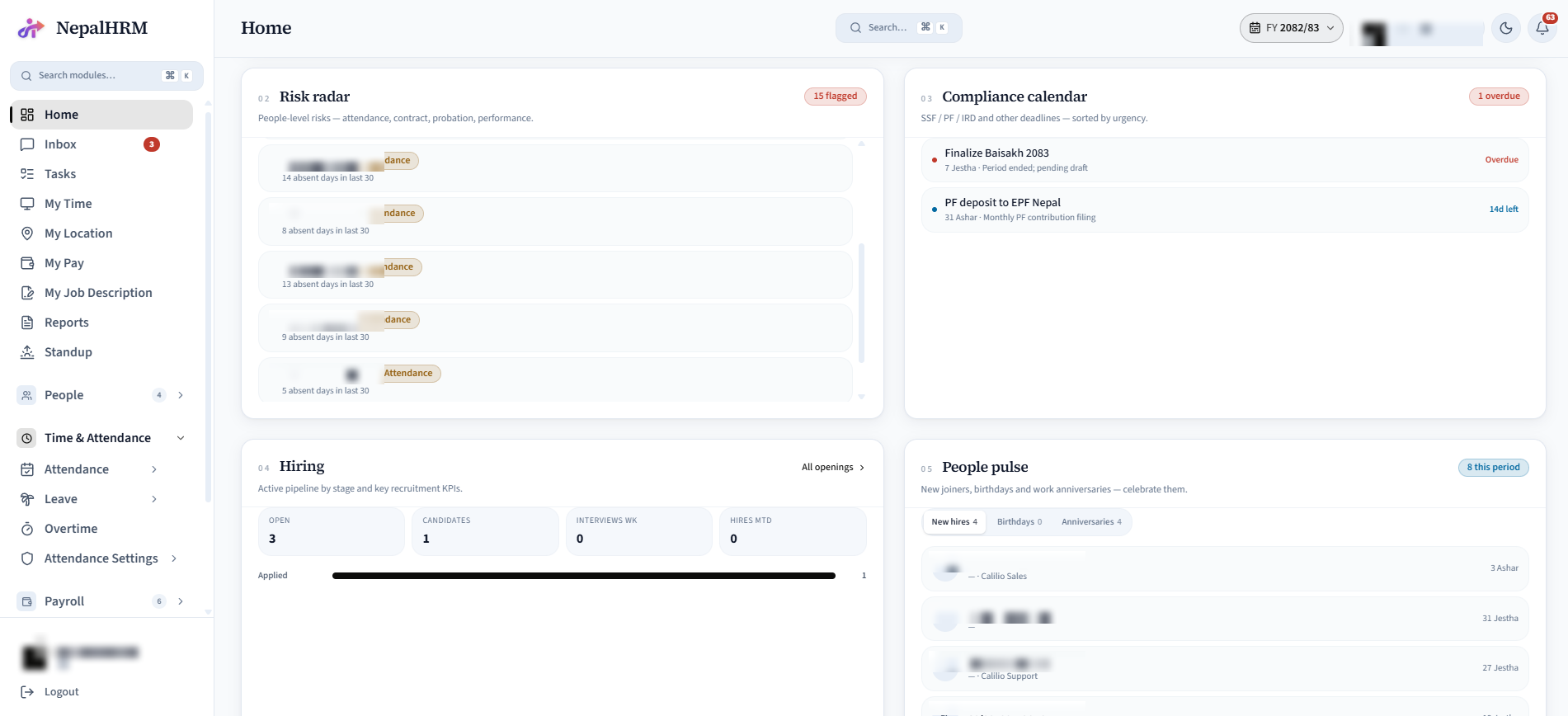 Command Center - Risk radar, Compliance calendar, Hiring, People pulse
