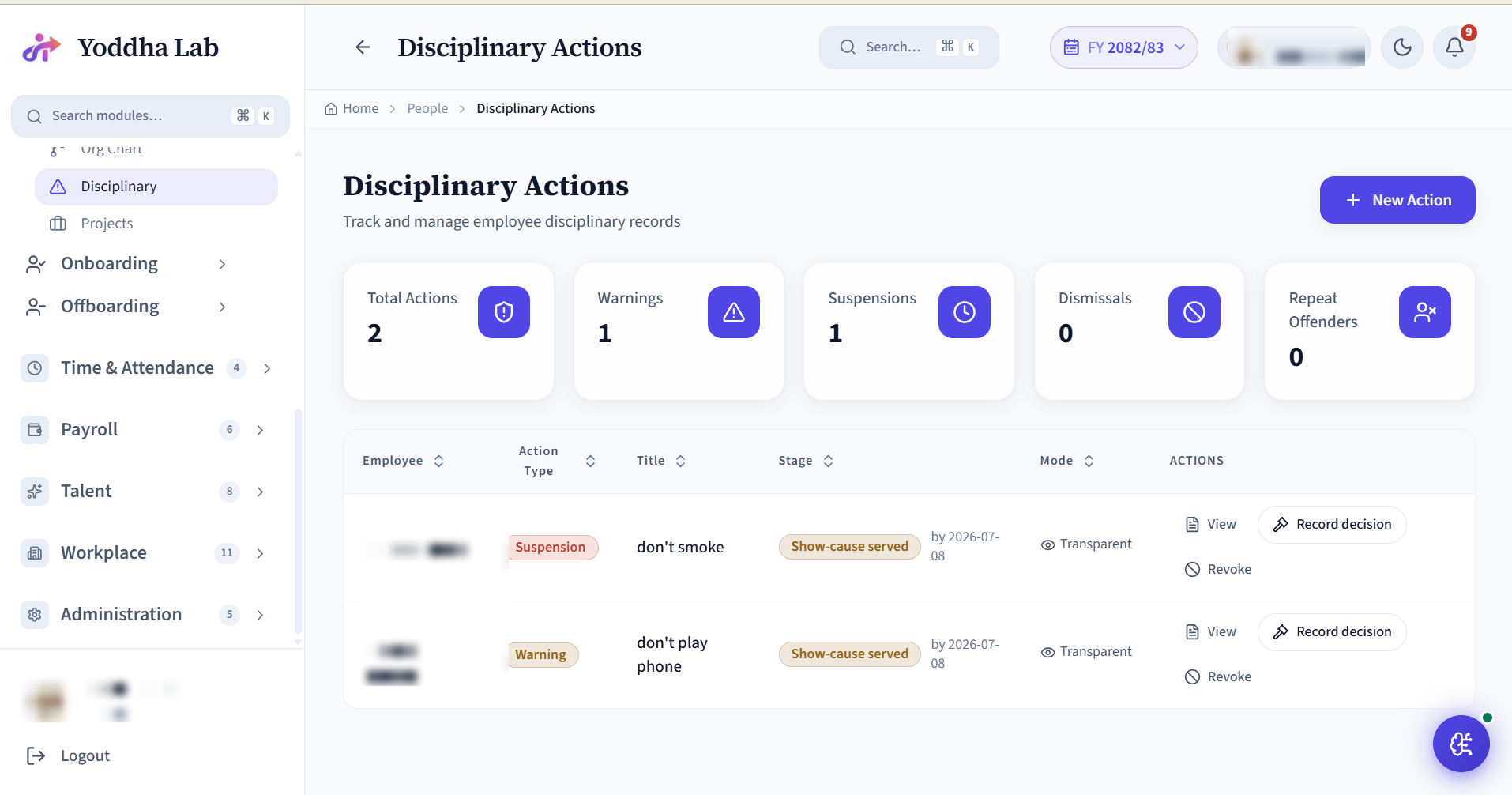 Disciplinary screen