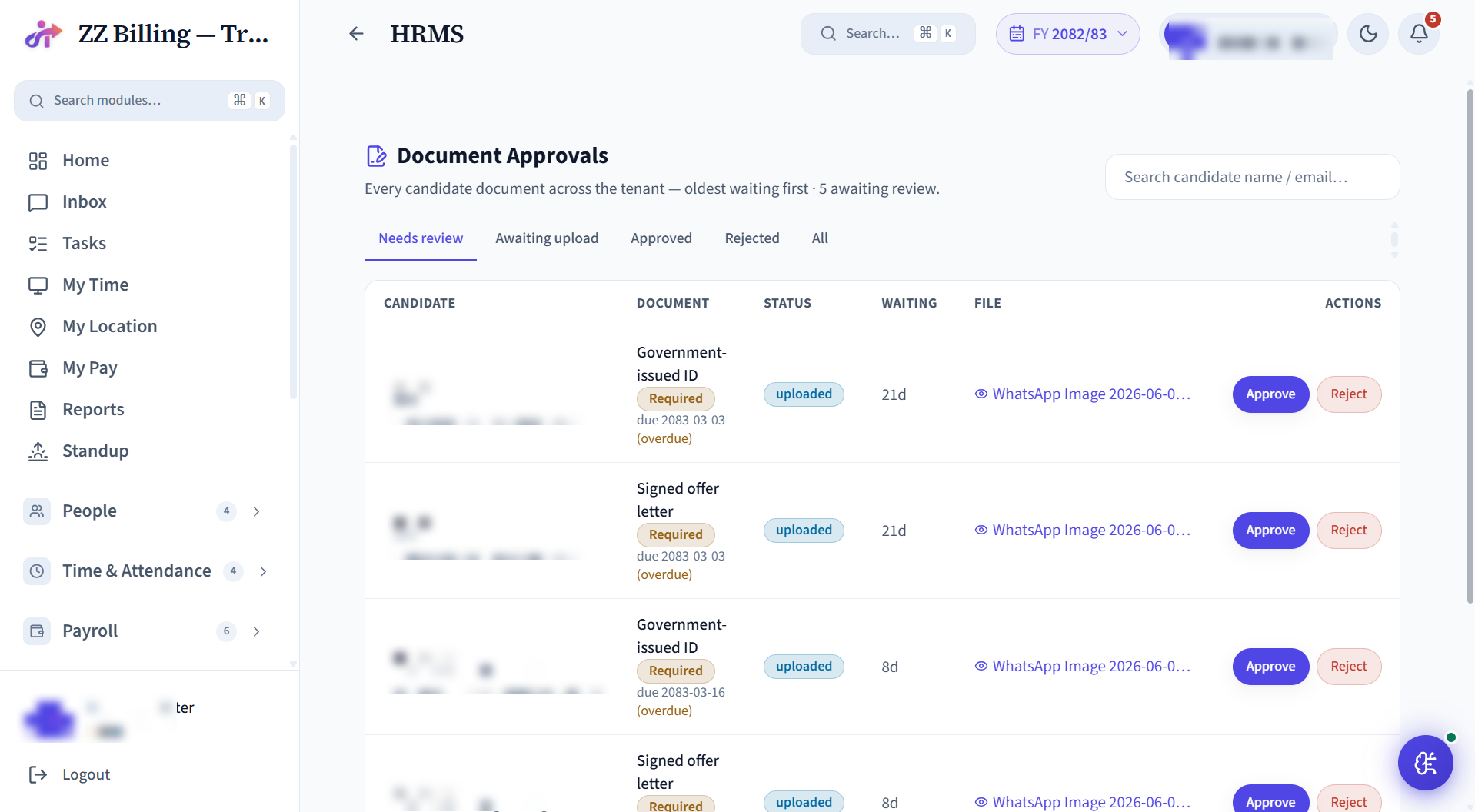 Document Approvals screen
