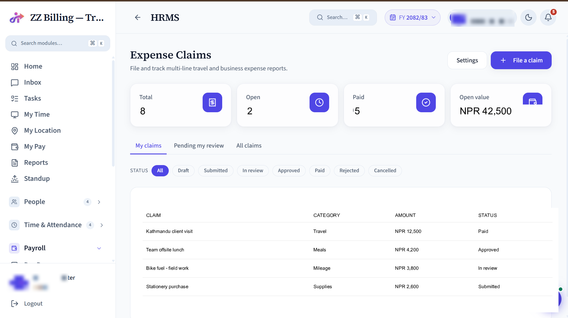Expense Claims screen