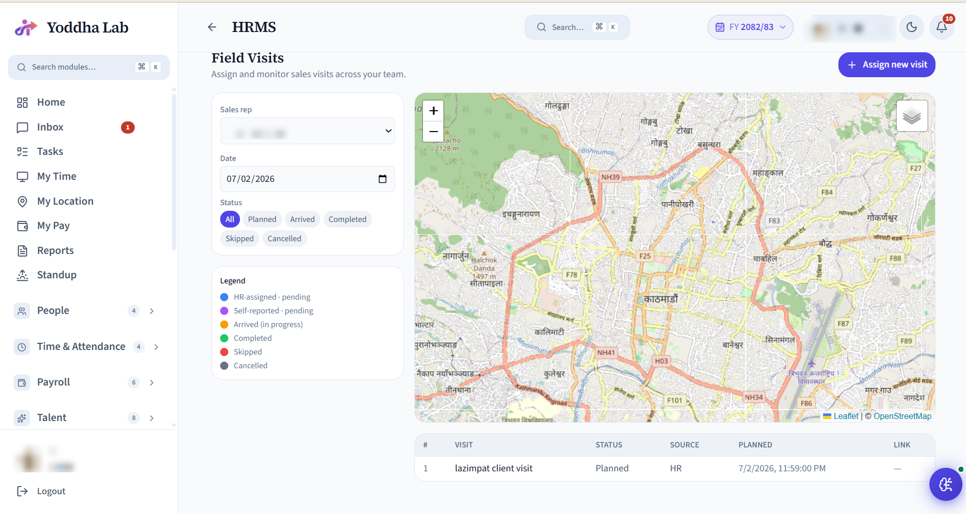 Field Visits screen