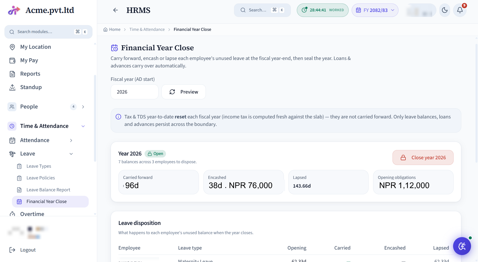 Financial Year Close screen