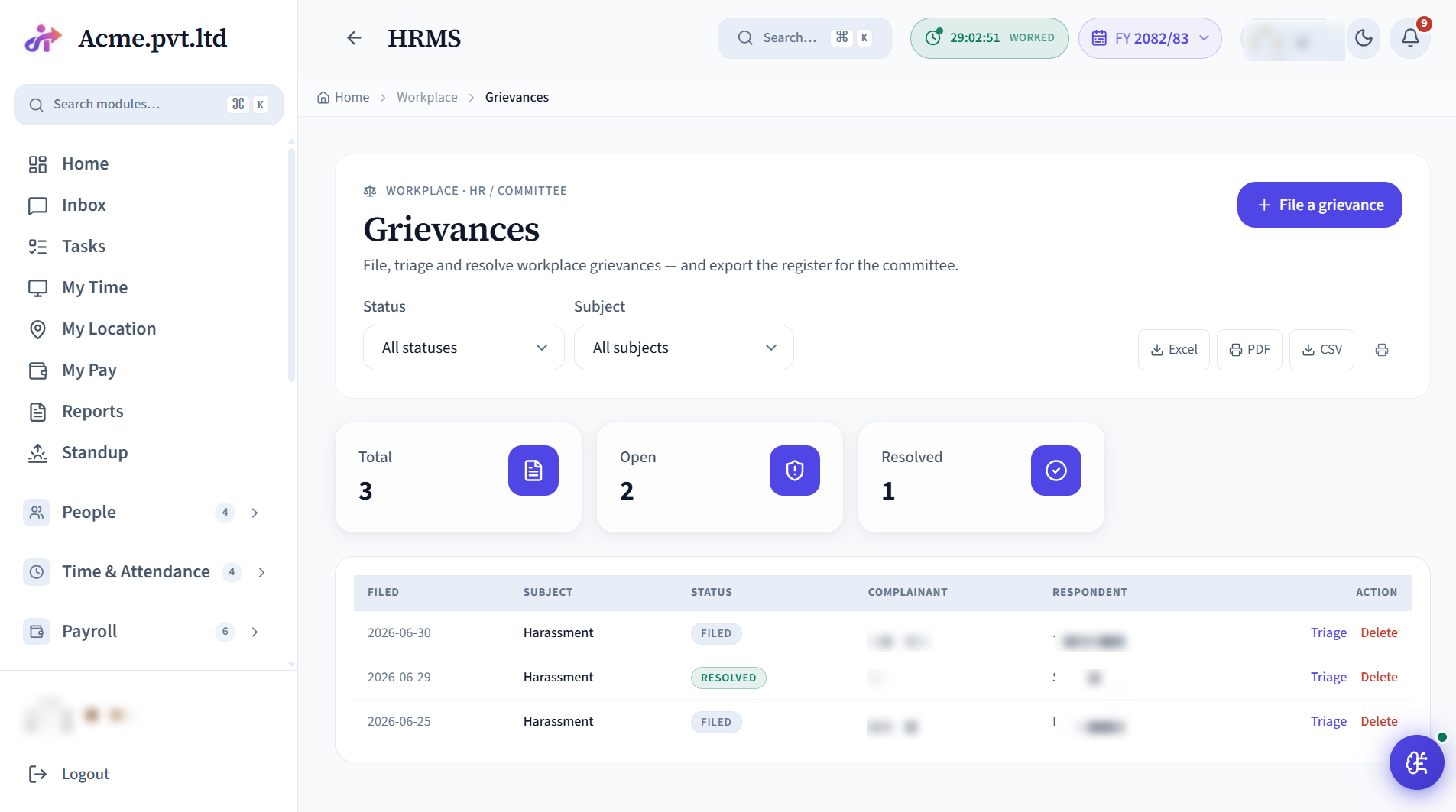 Grievances screen