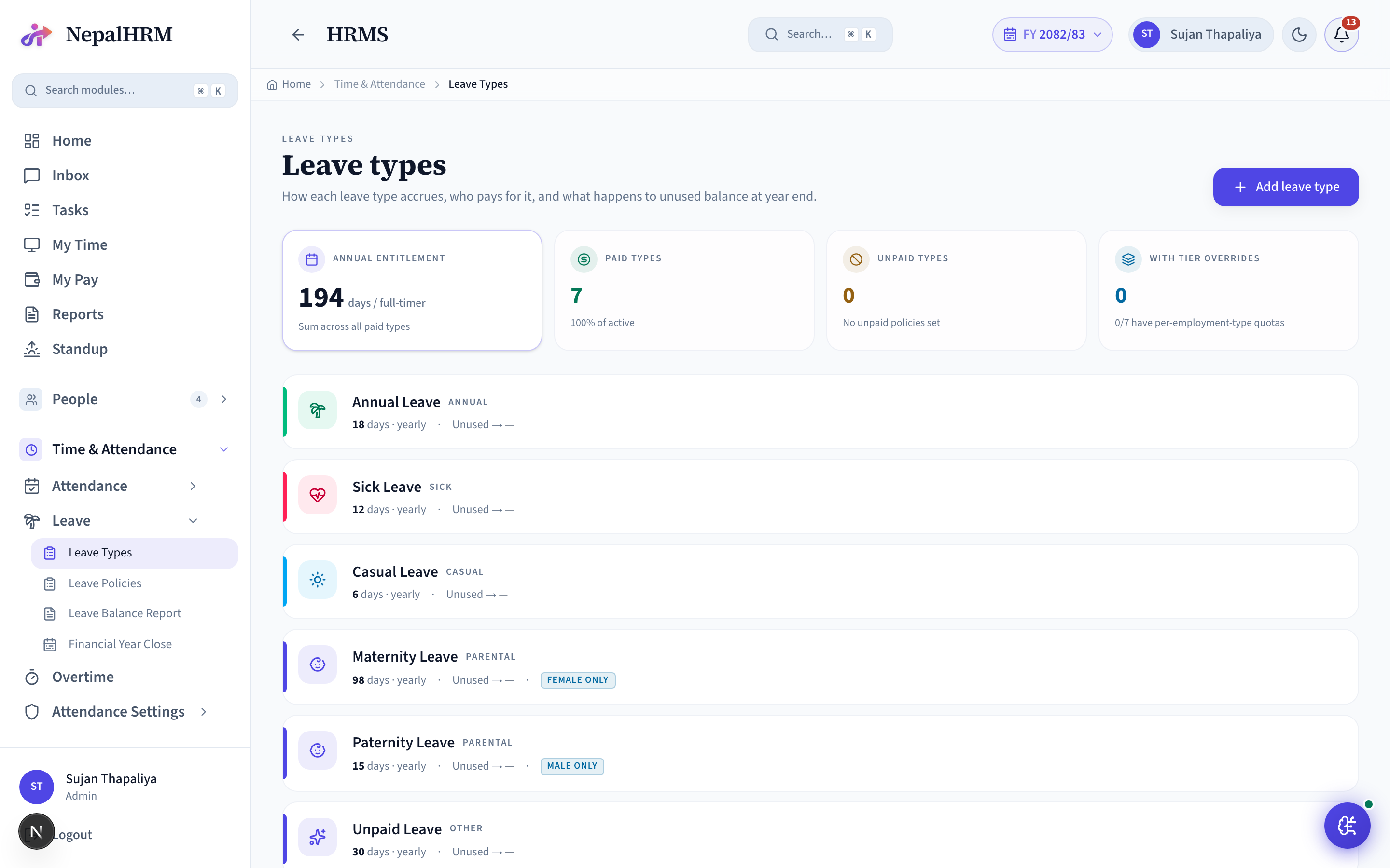 Leave Types screen