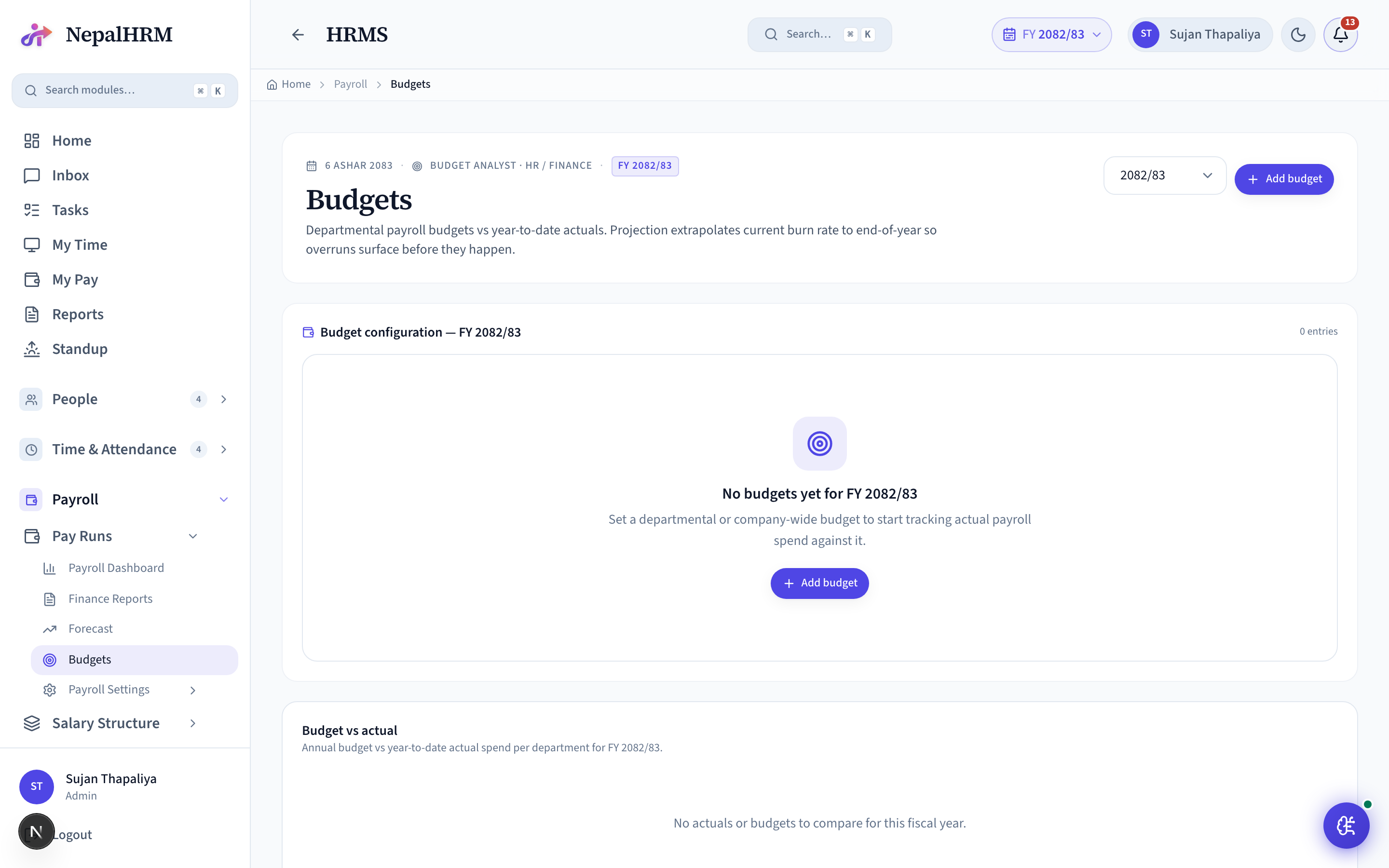 Budgets screen