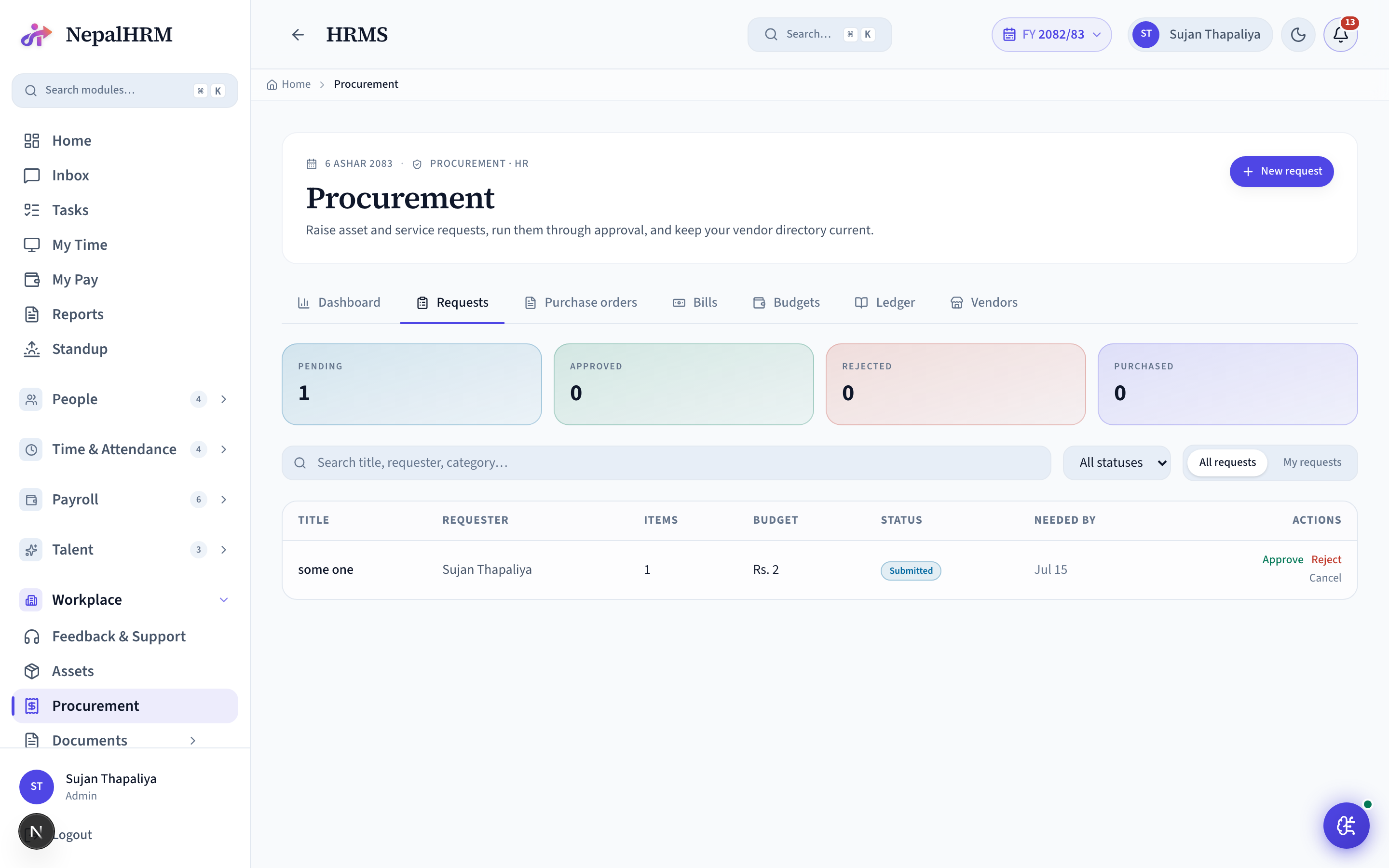 Procurement screen