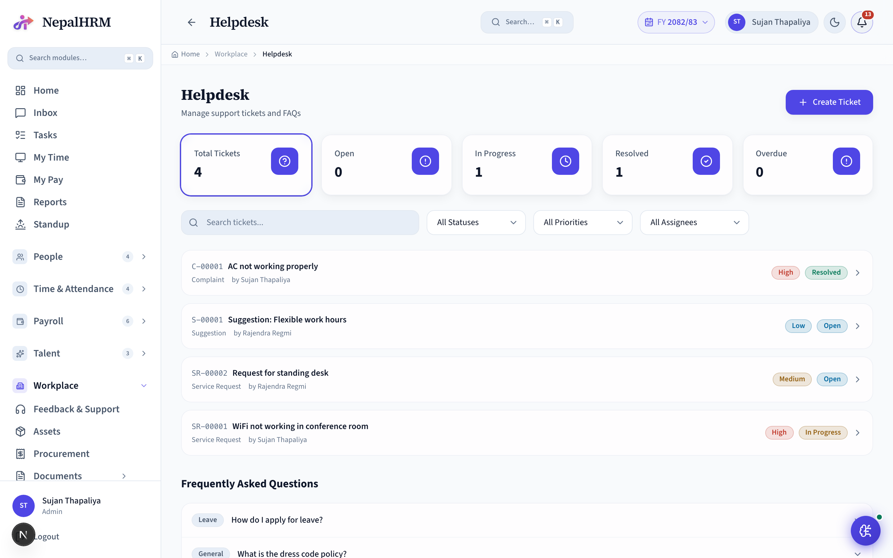 Helpdesk screen