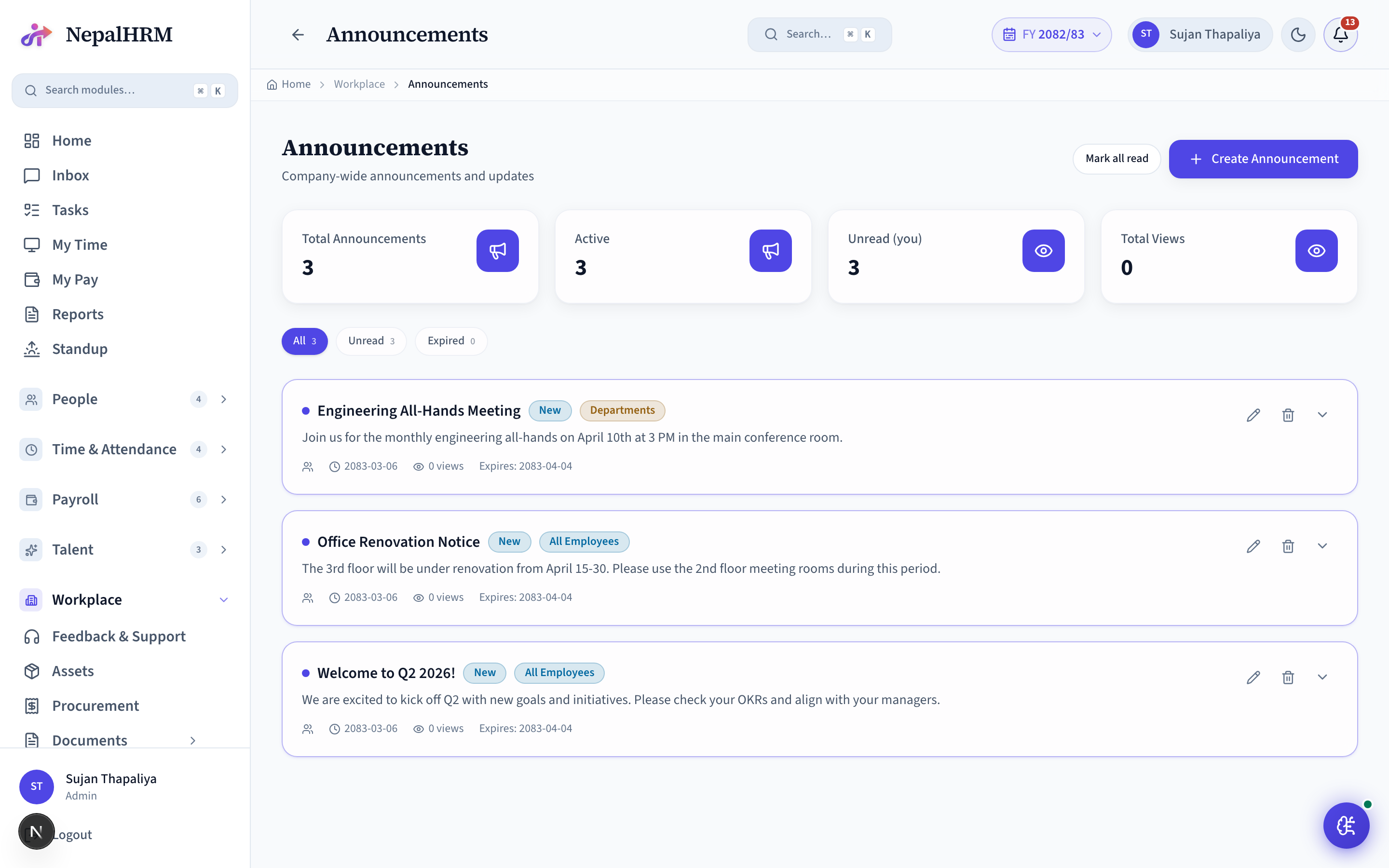 Announcements screen