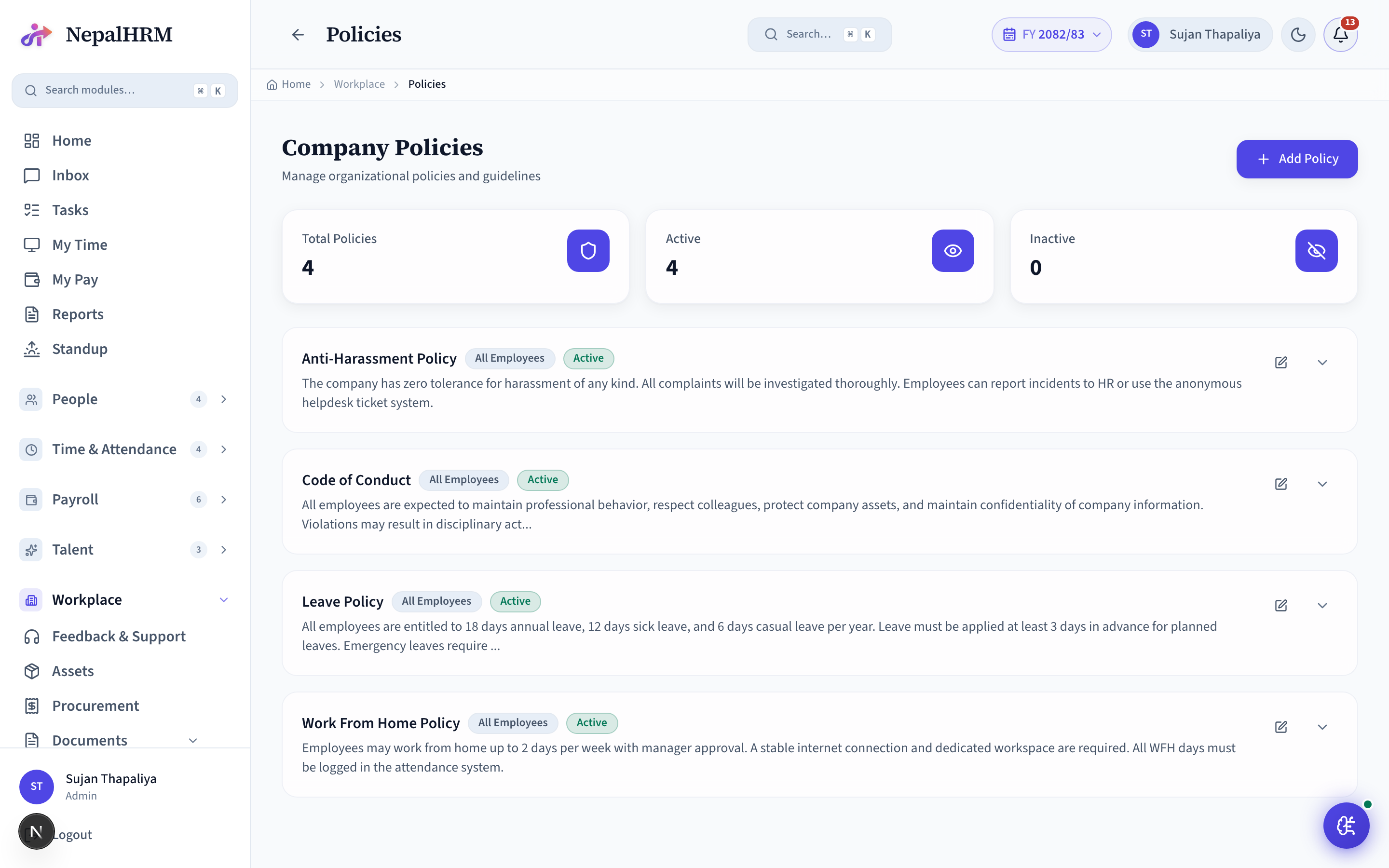 Policies screen