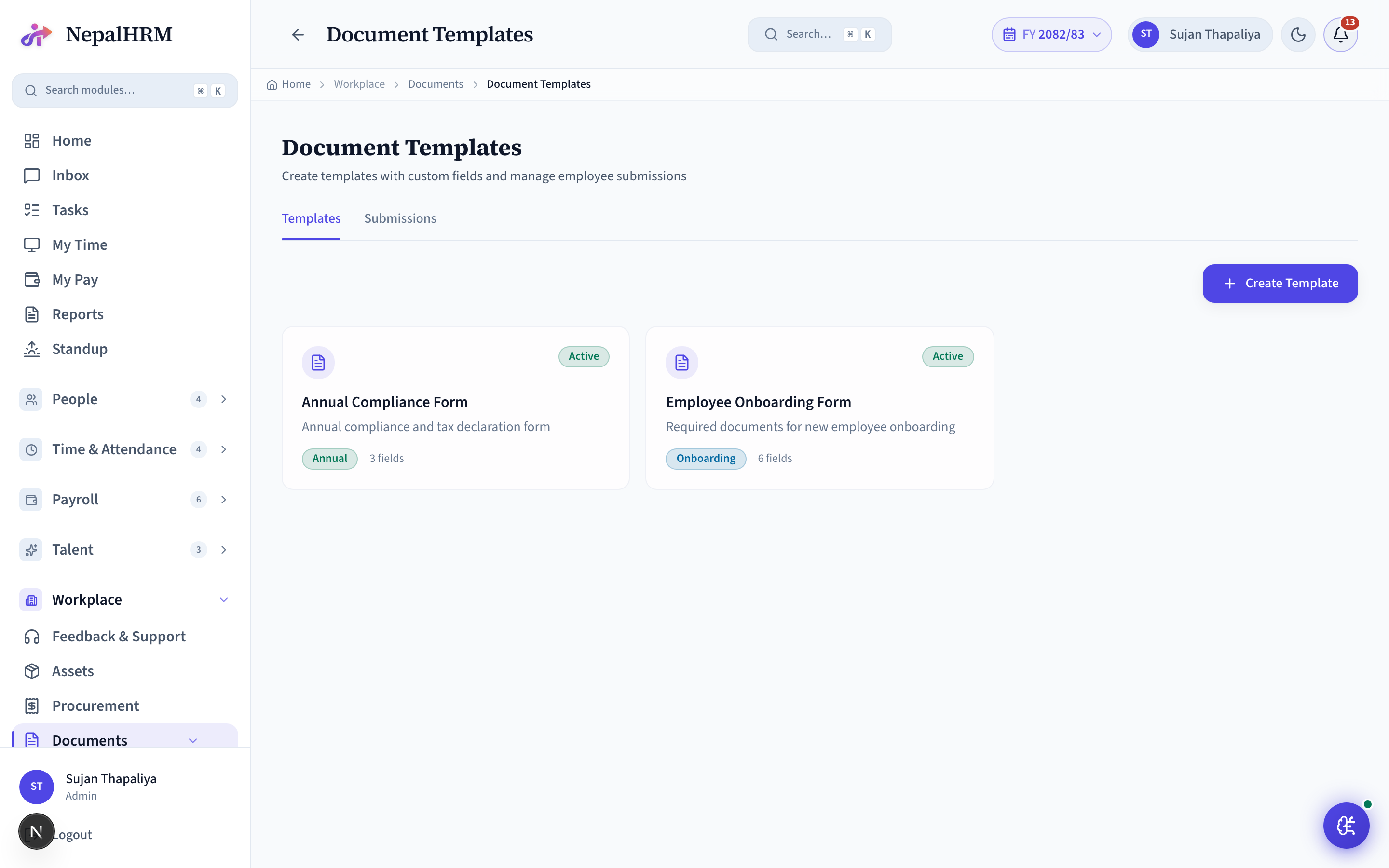 Doc Templates screen