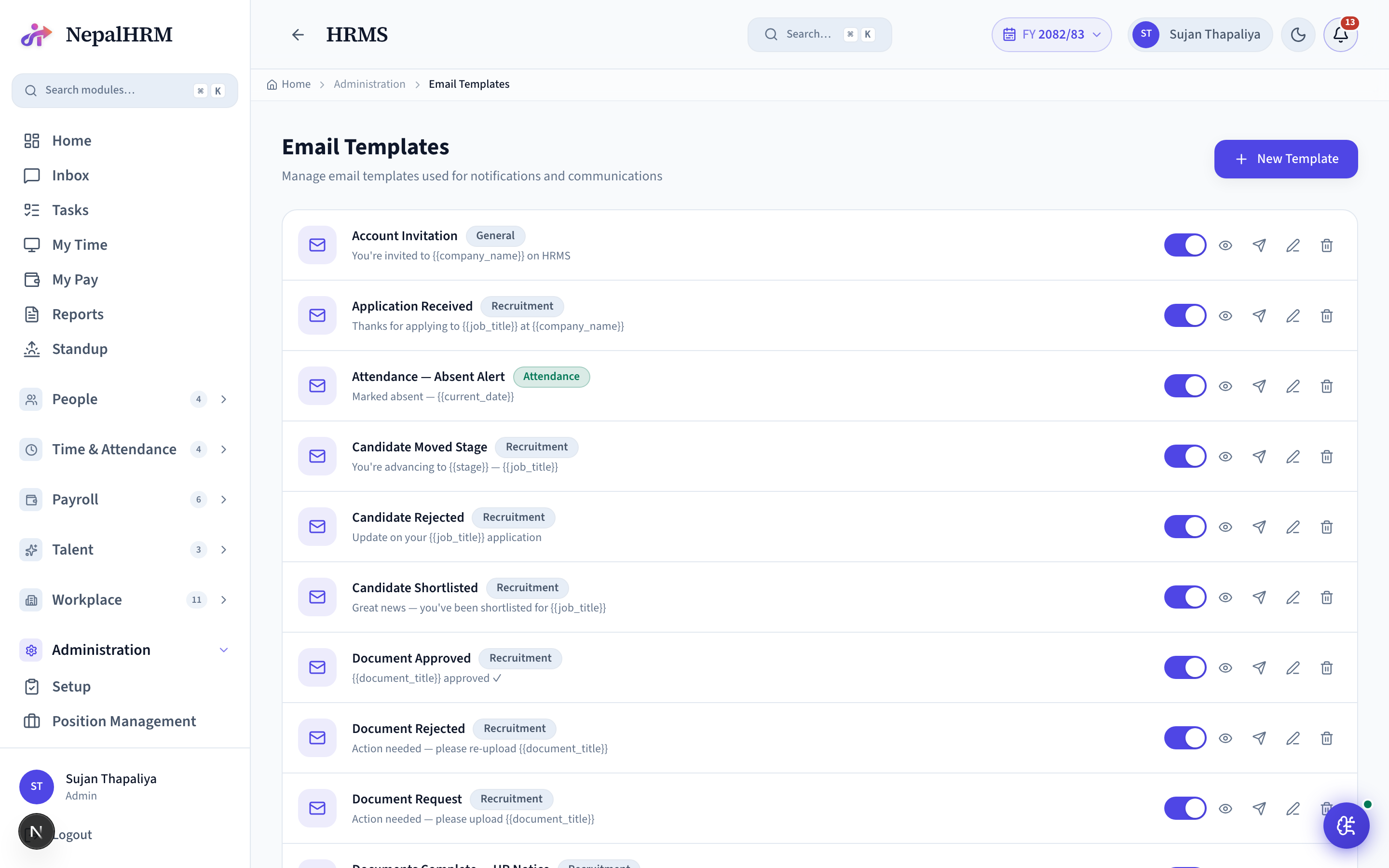 Email Templates screen