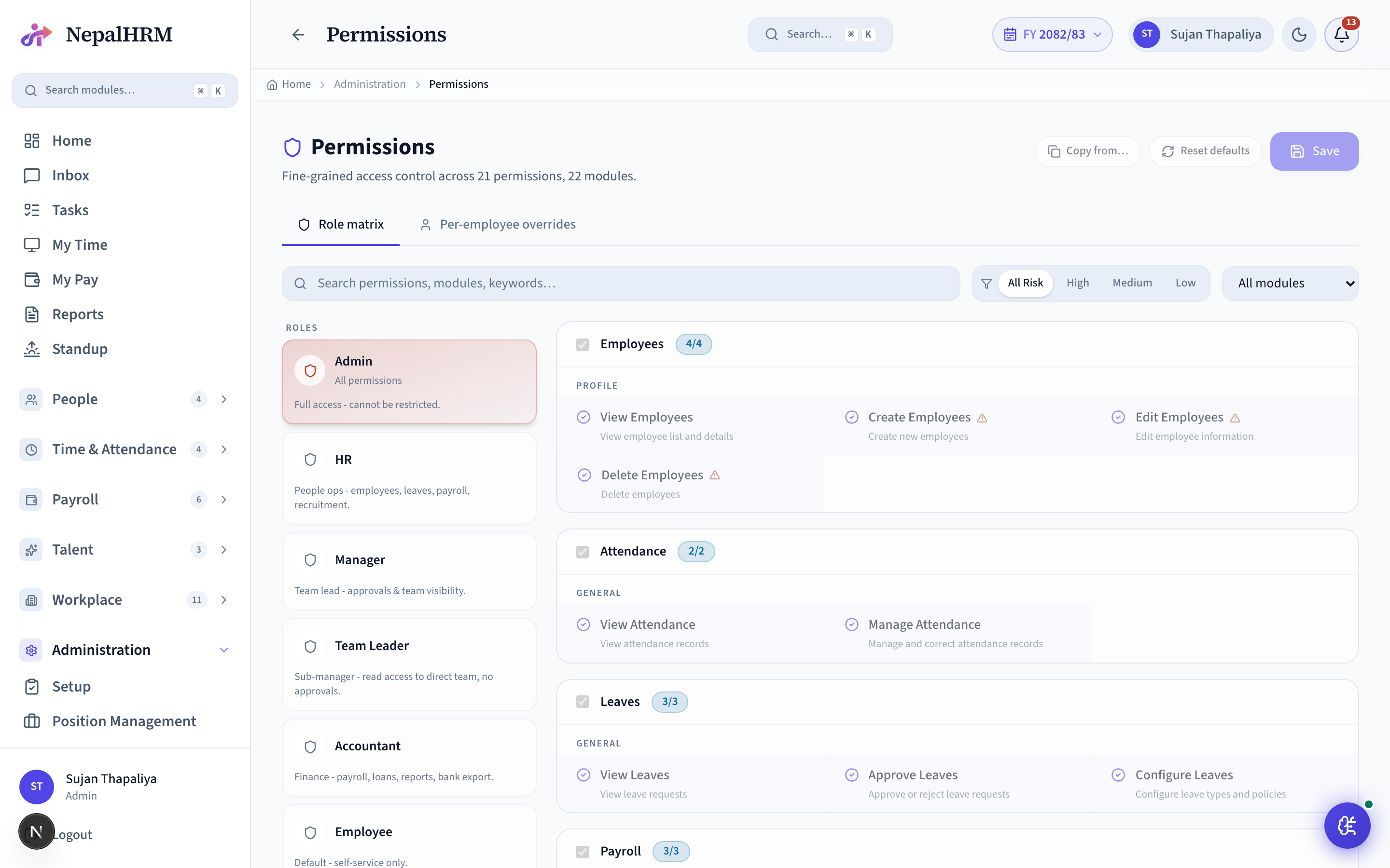 Permissions screen