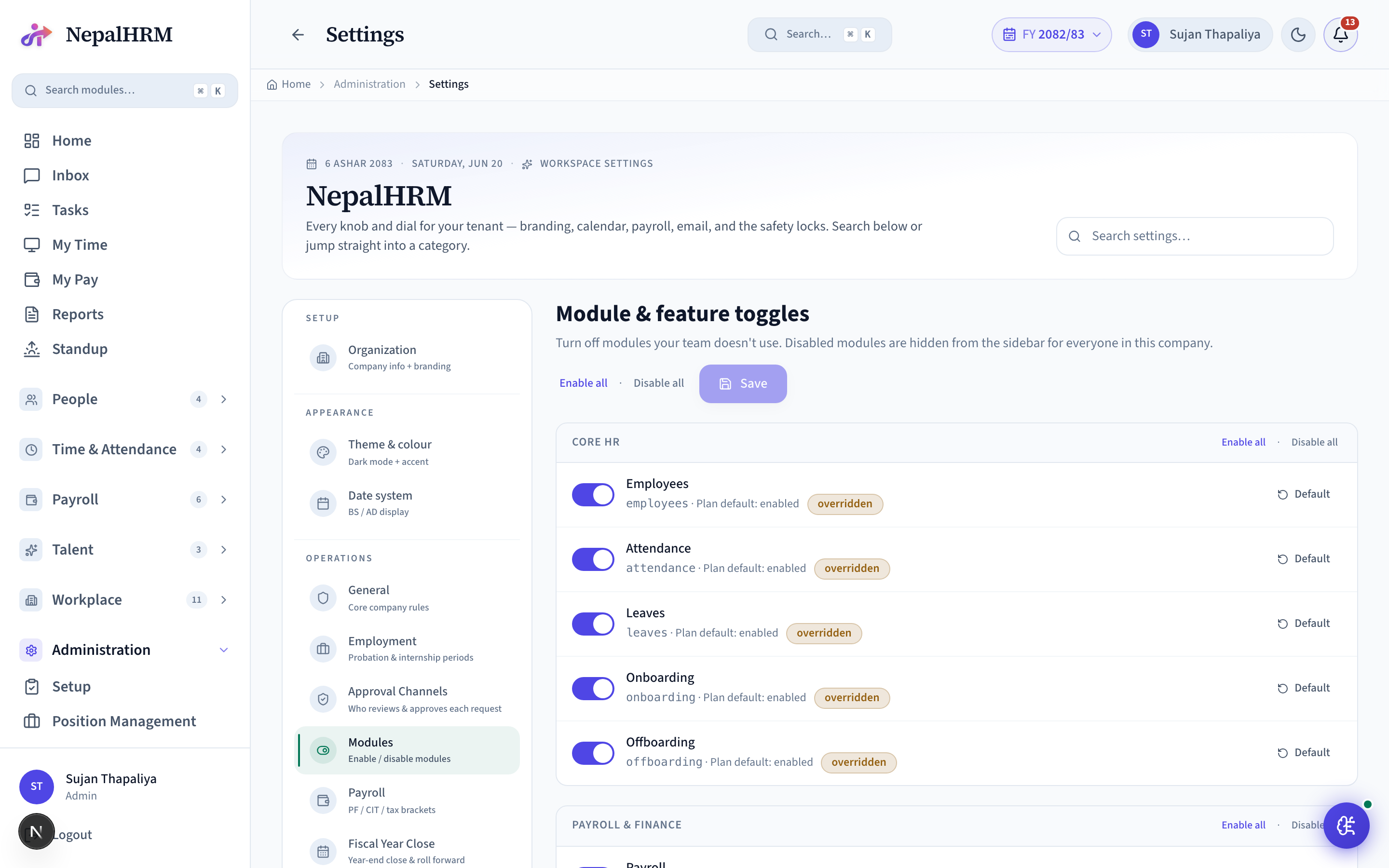 Module Toggles screen