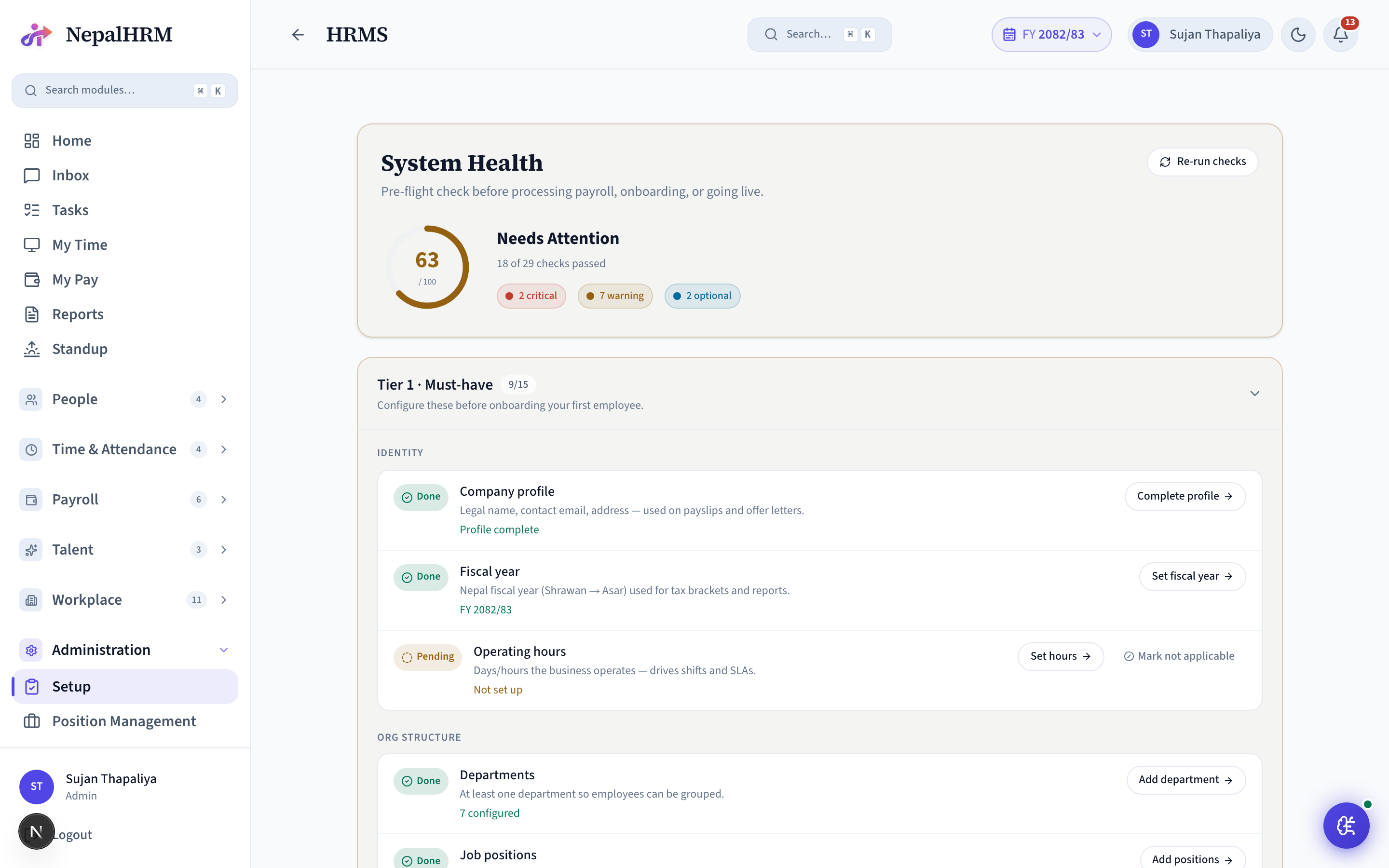 Setup - System Health screen