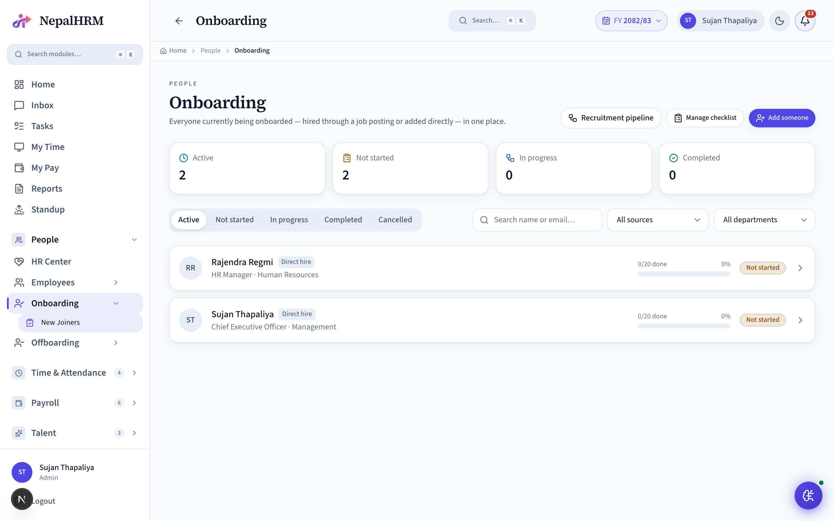 New Joiners screen