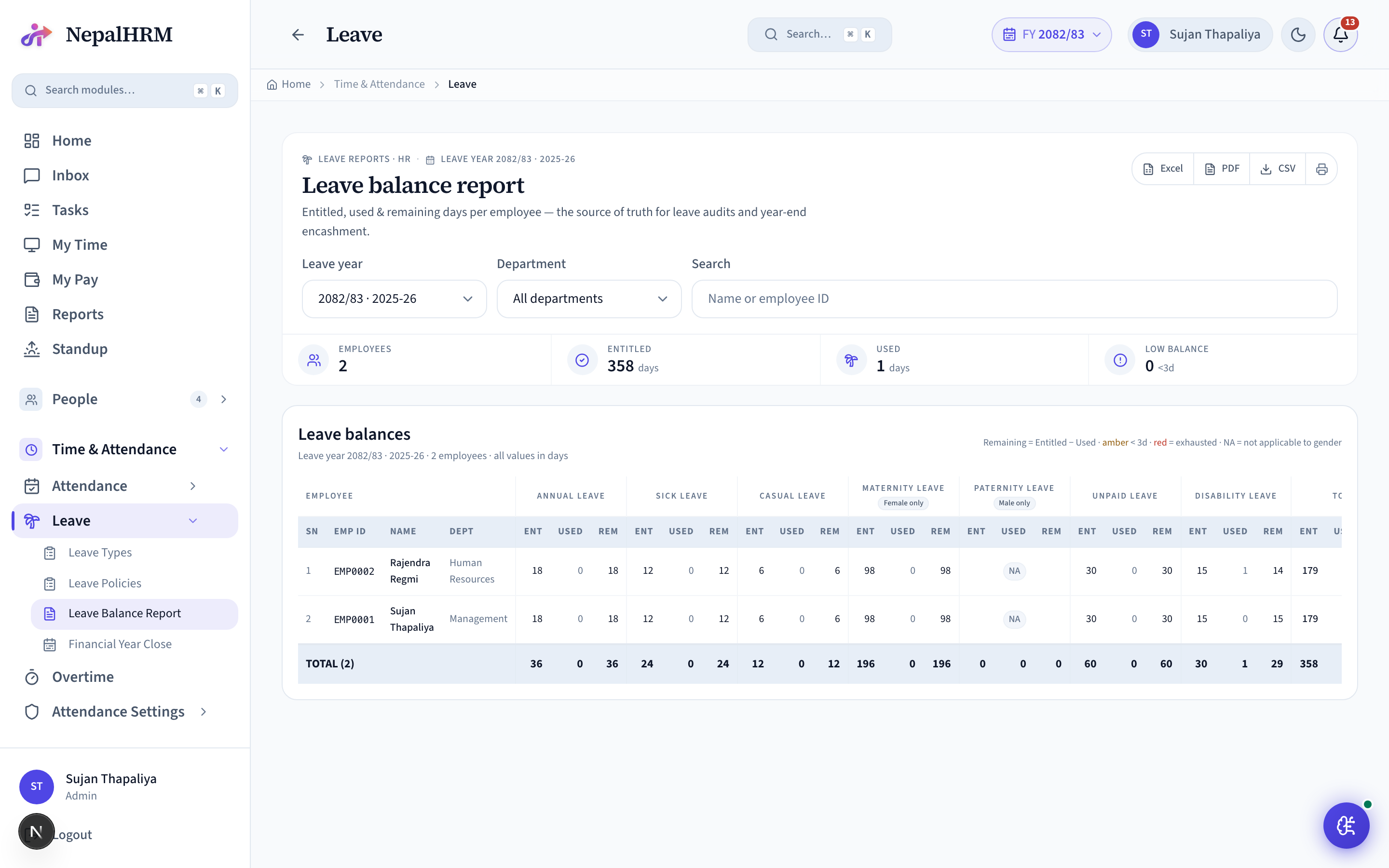Leave Balance Report screen