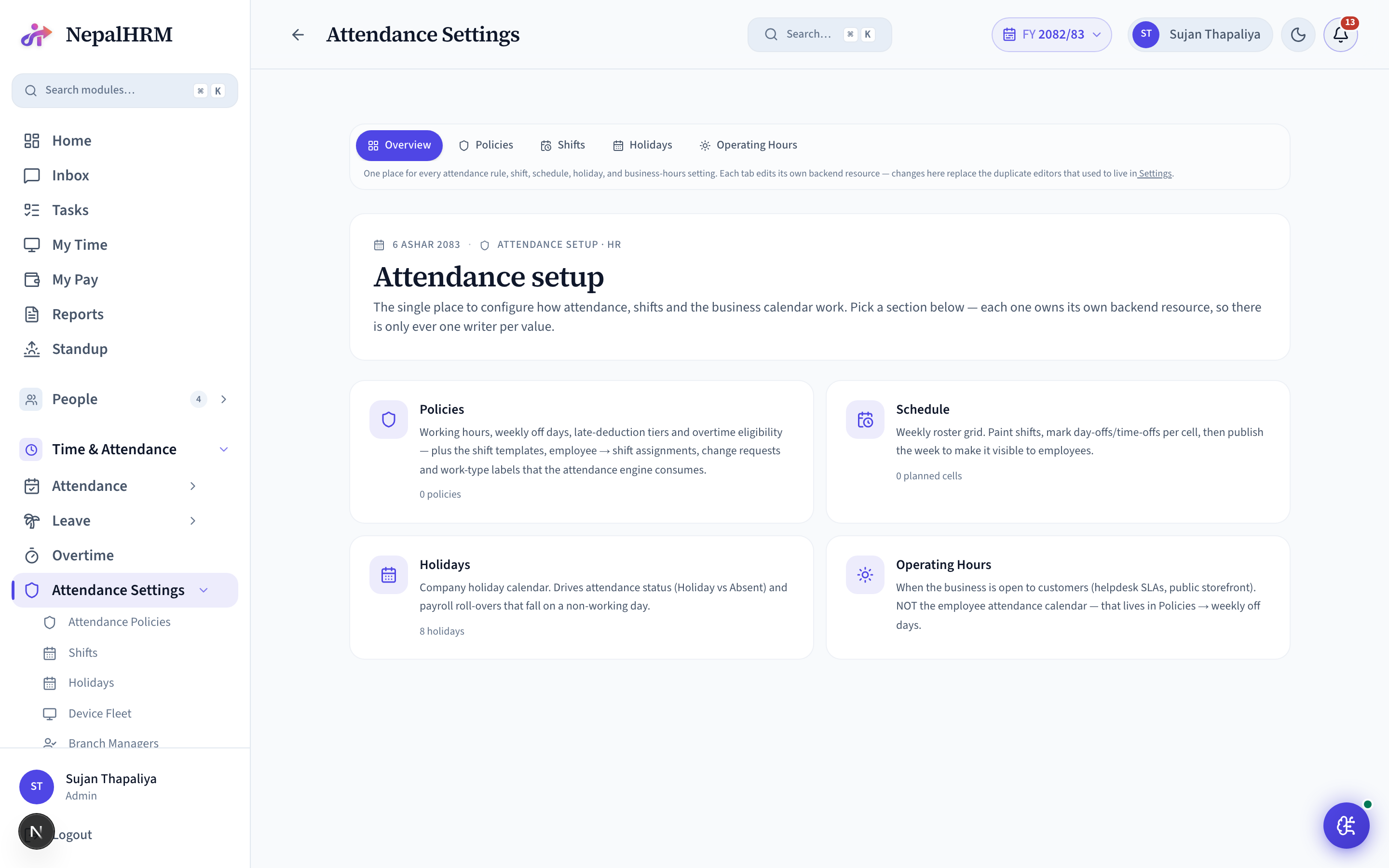 Attendance Settings screen