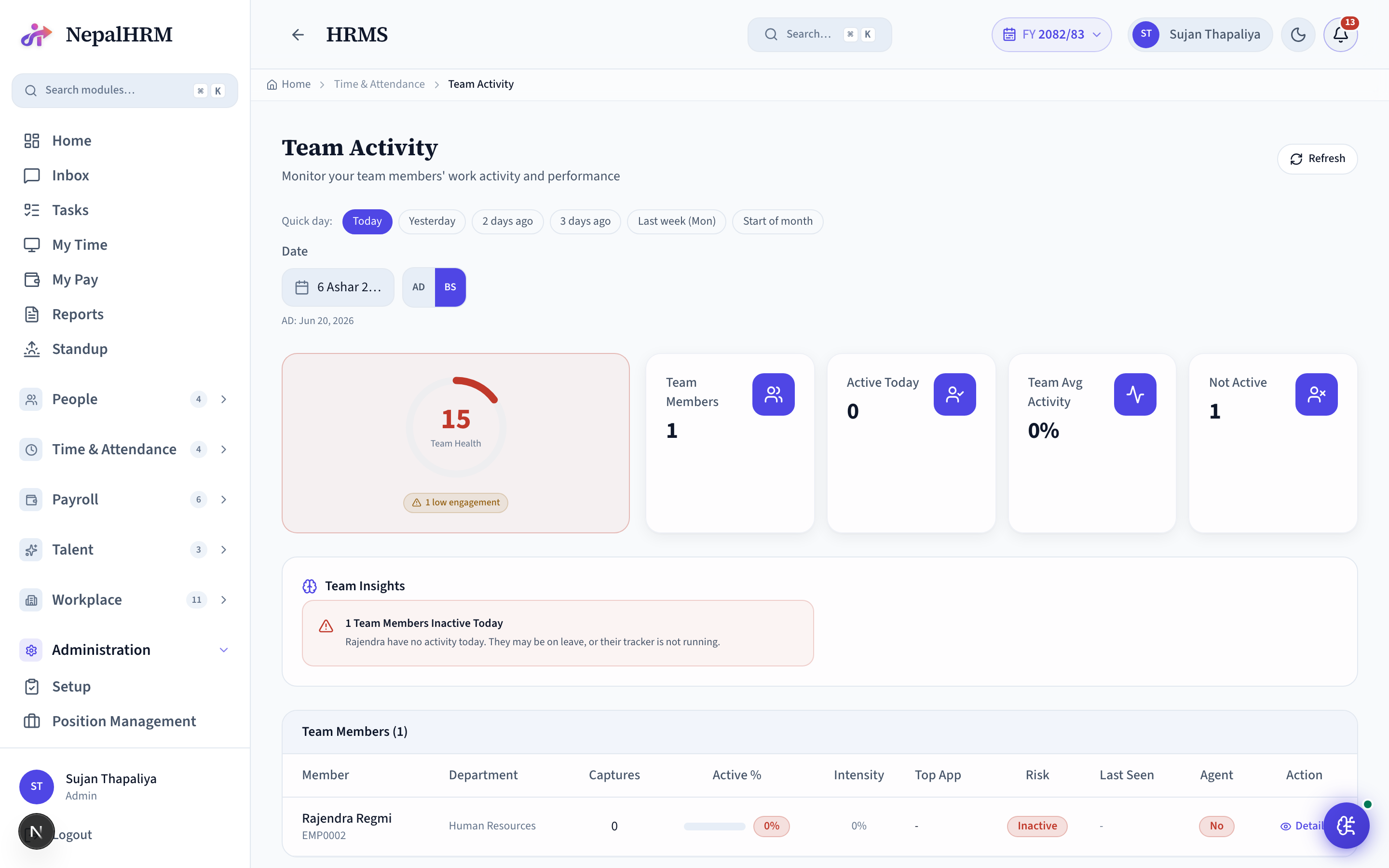 Team Activity screen