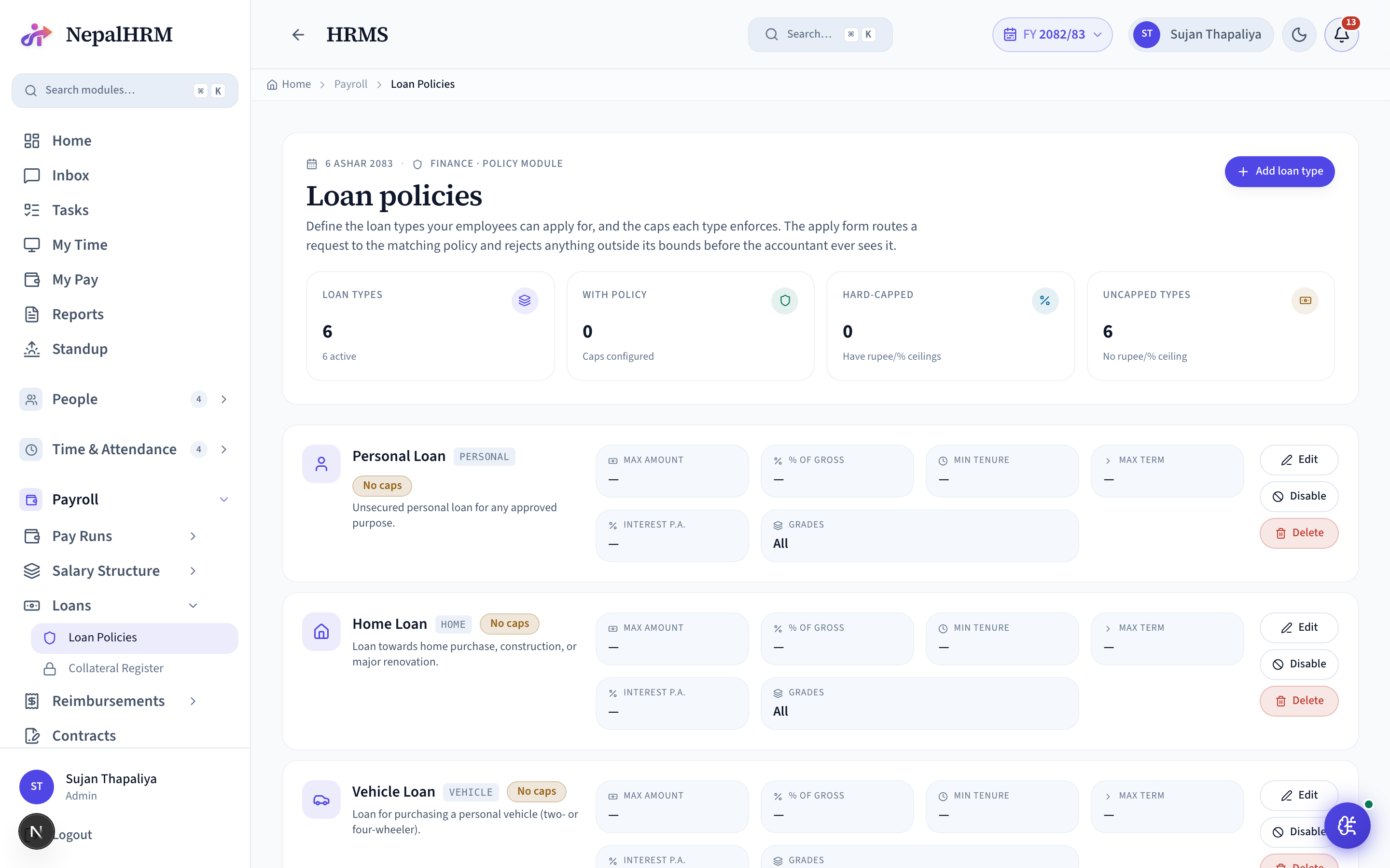 Loan Policies screen