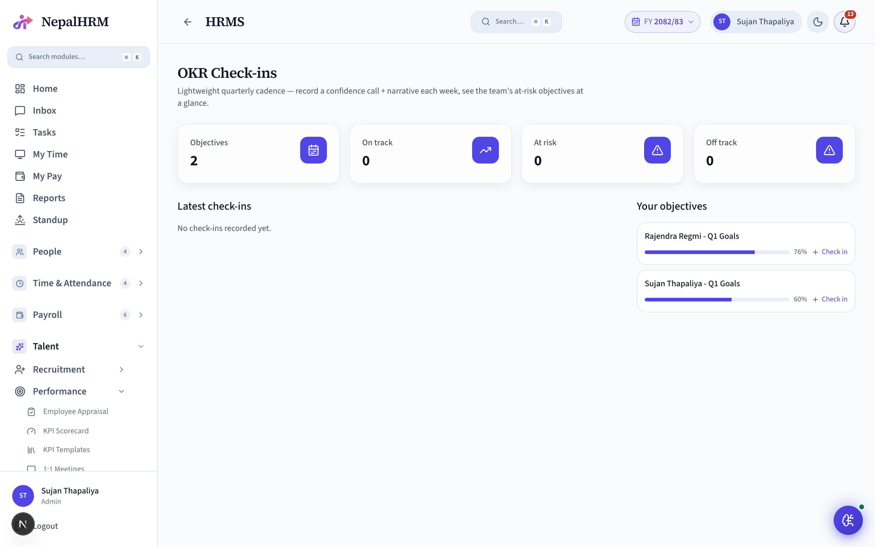 OKR Check-ins screen