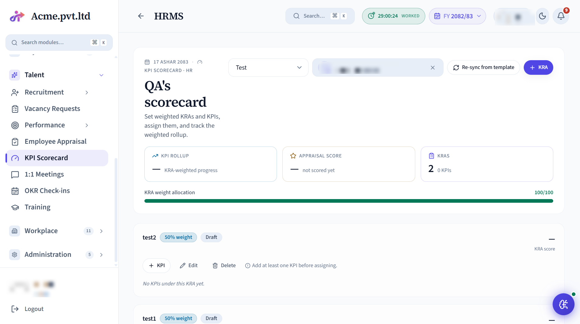 KPI Scorecard screen