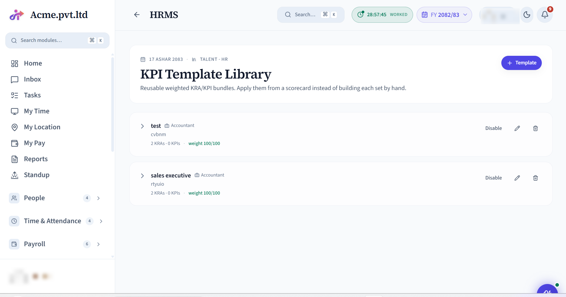 KPI Templates screen