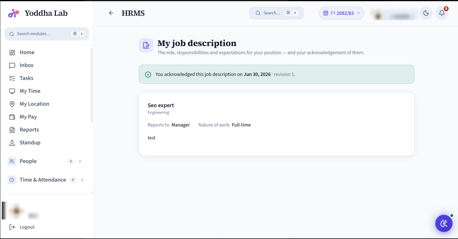 My Job Description screen