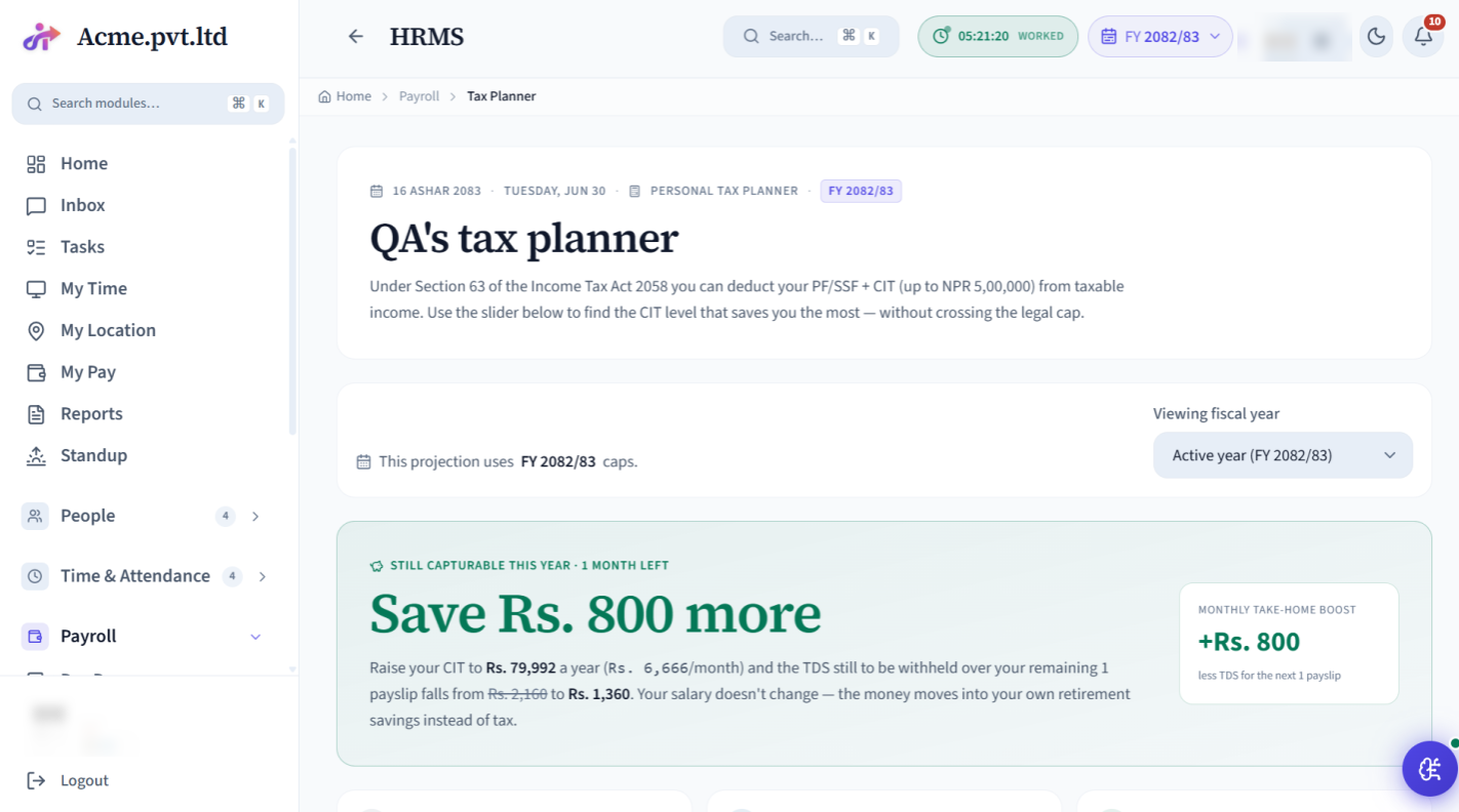 My Tax Planner screen