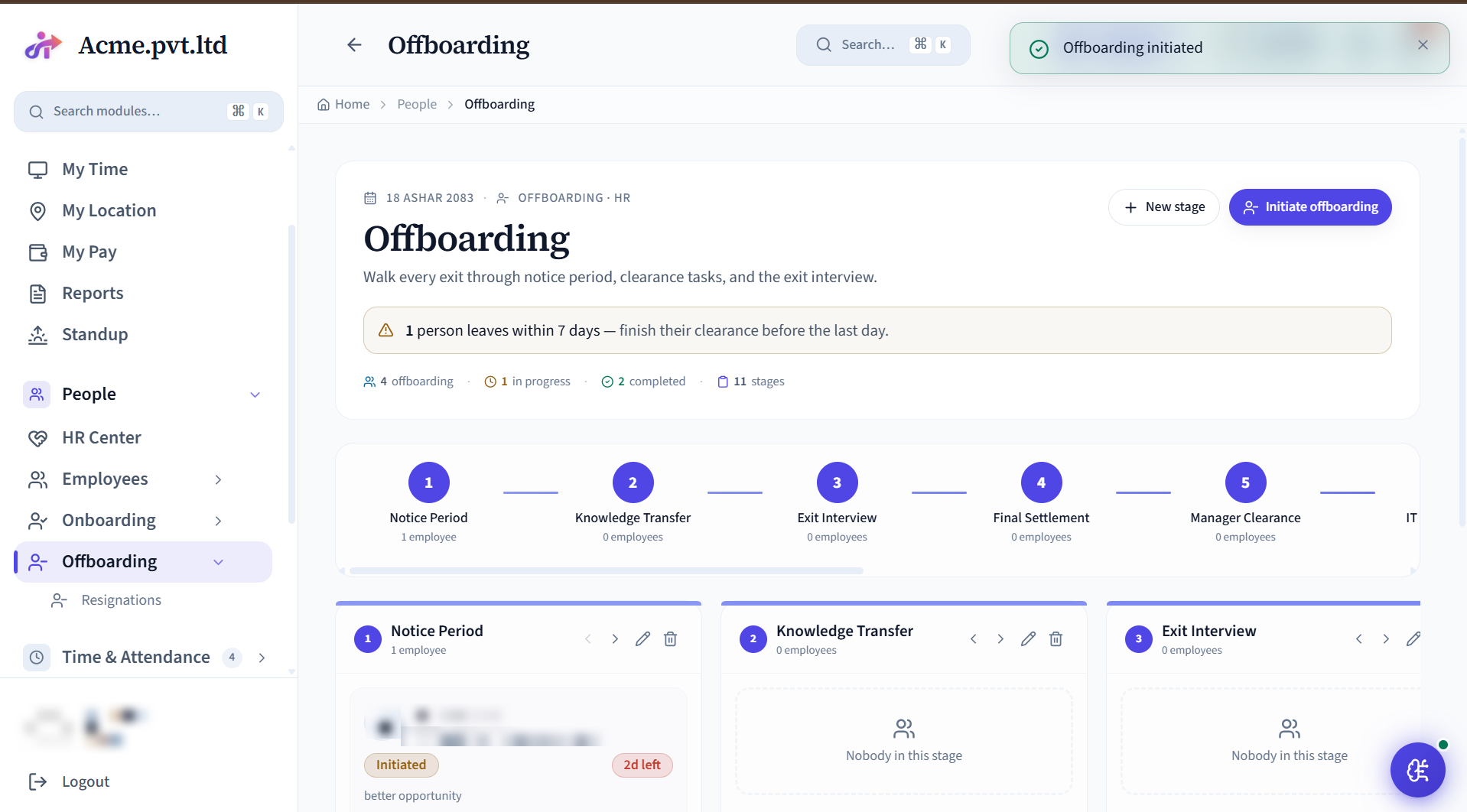 Offboarding screen