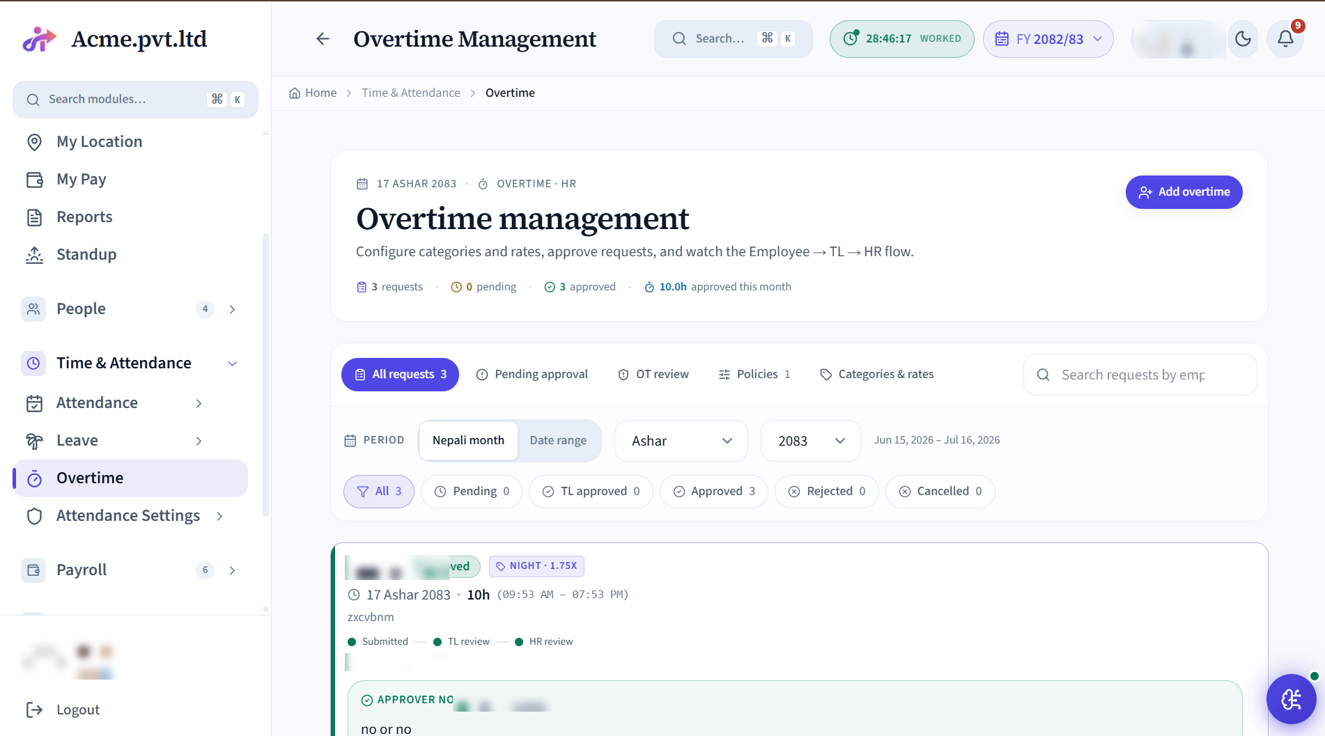 Overtime screen
