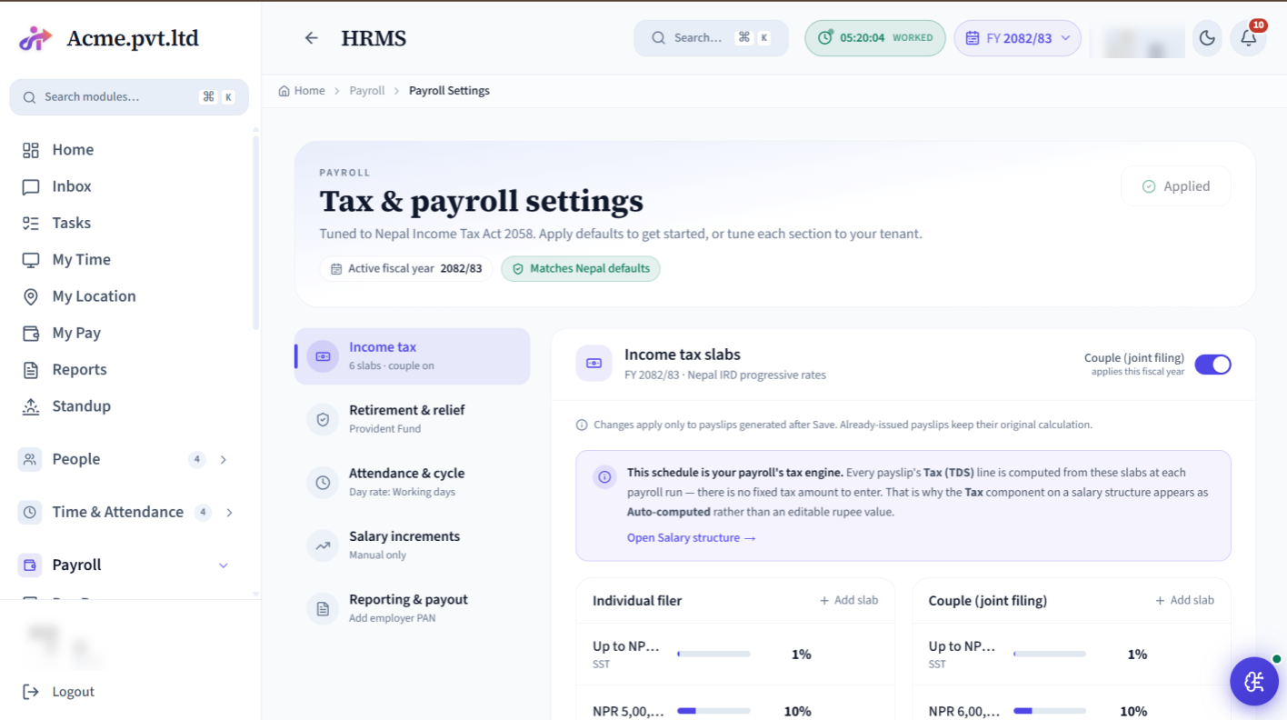 Payroll Settings screen