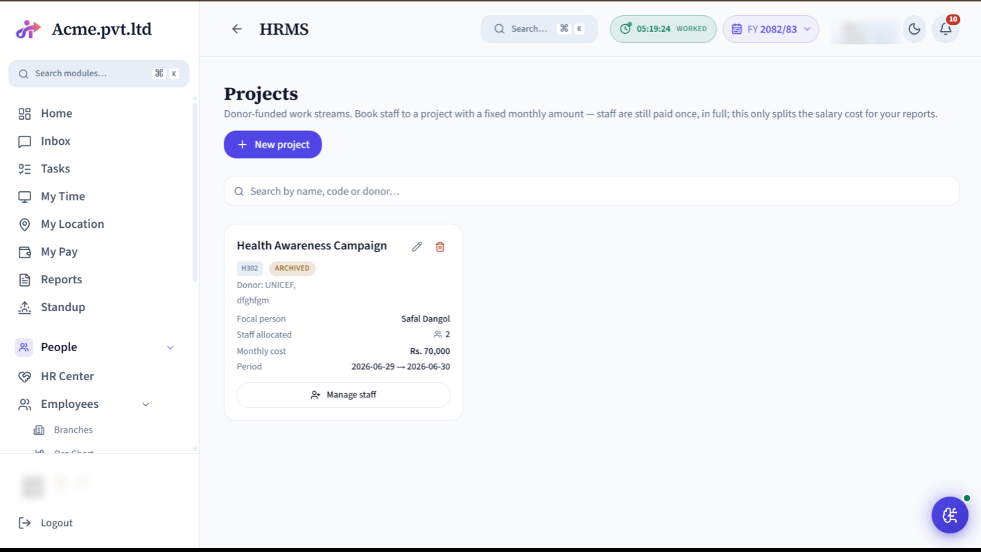 Projects screen