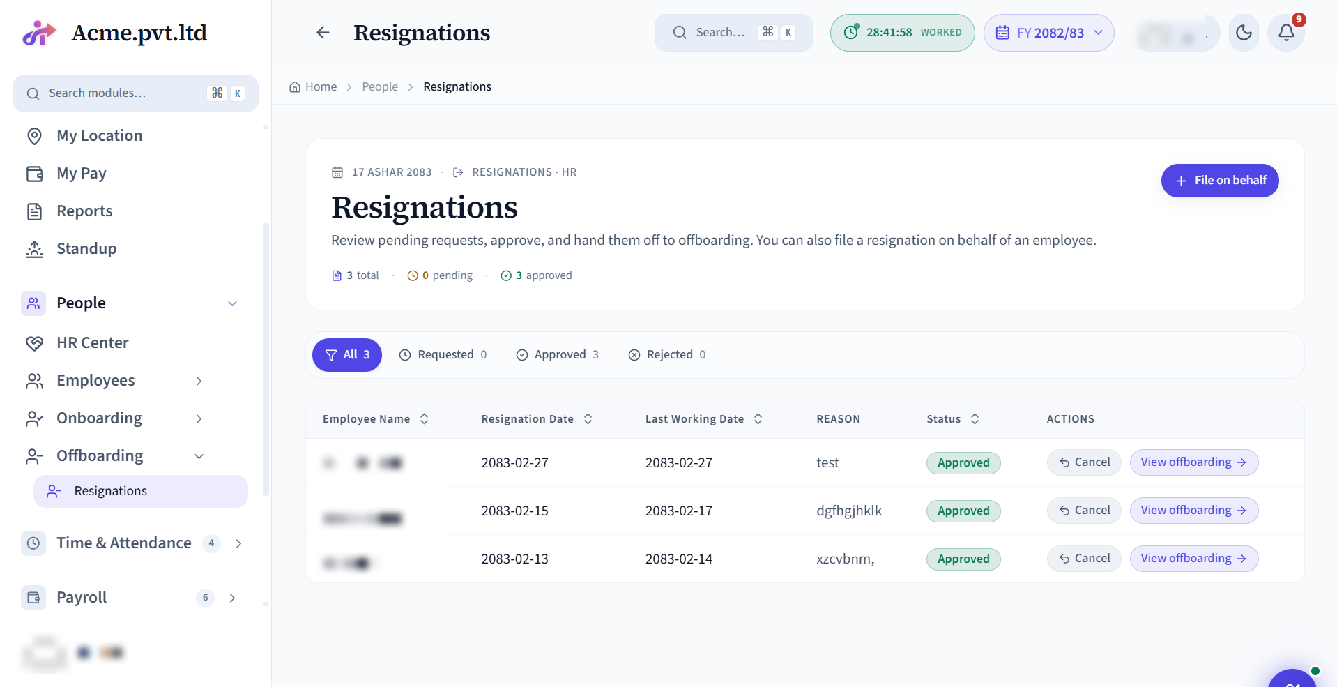 Resignations screen