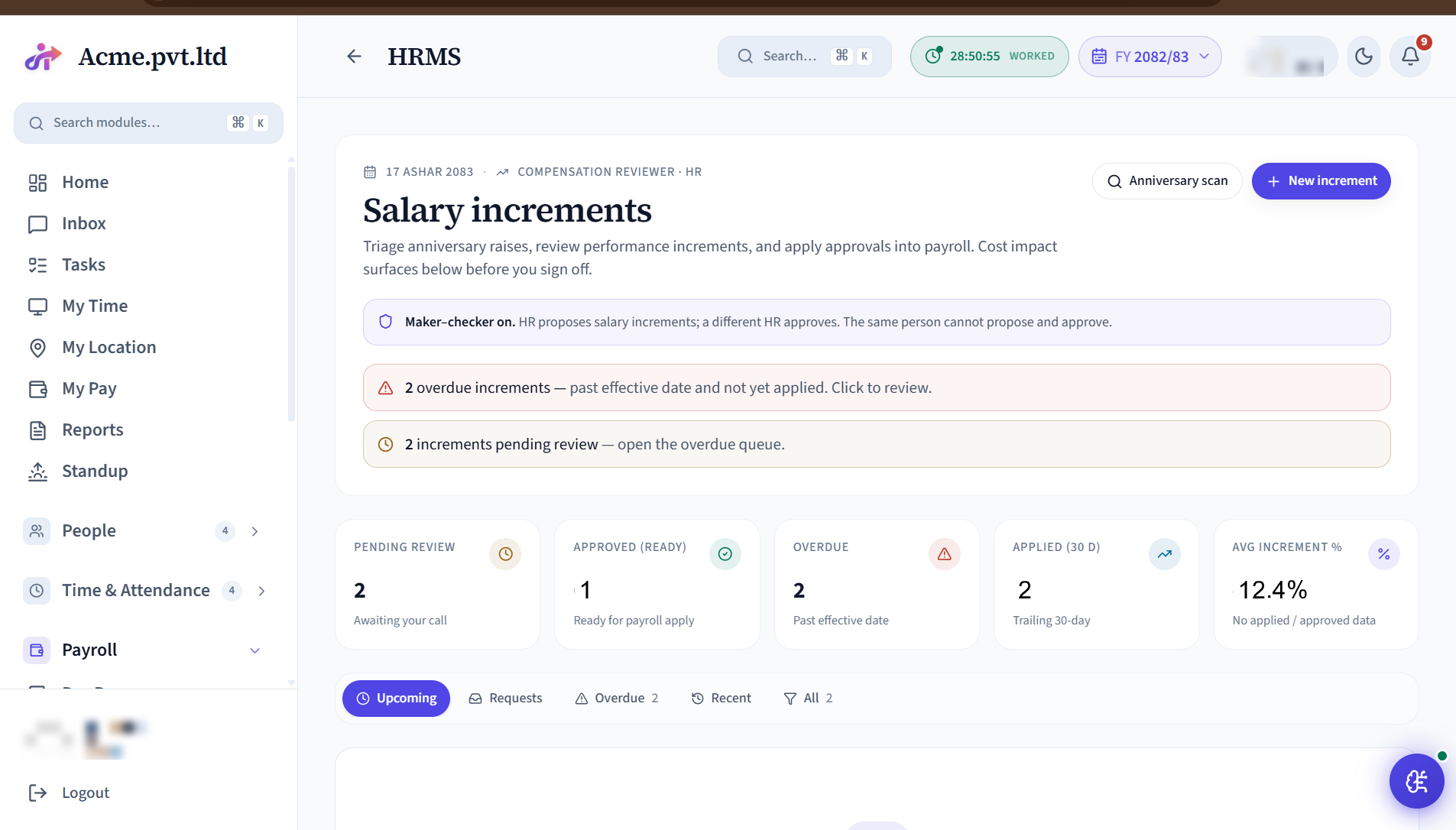 Salary Increments screen