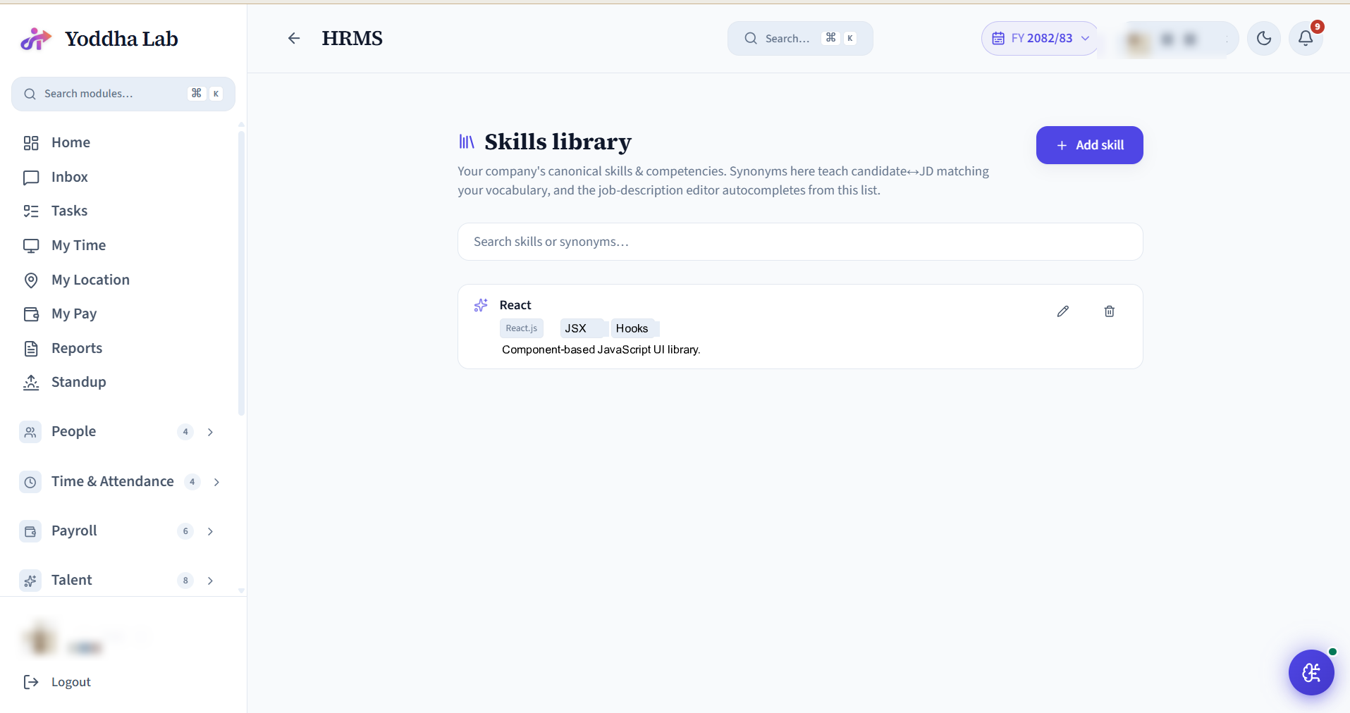 Skills Library screen