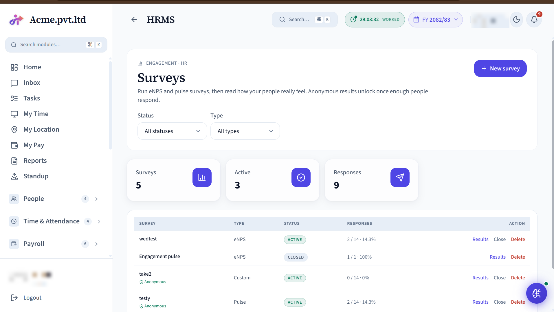 Surveys screen