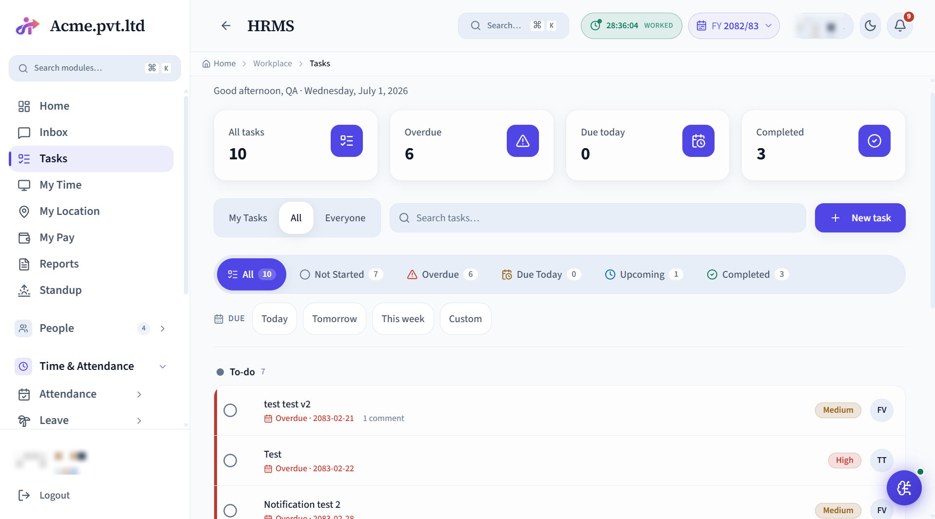 Tasks screen