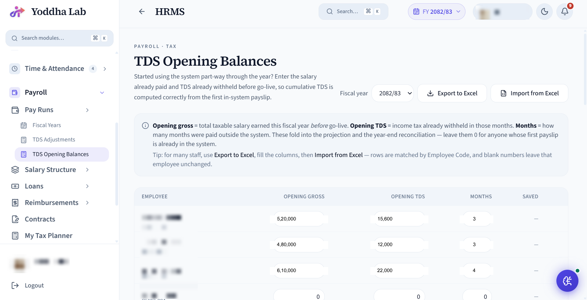TDS Opening Balances screen