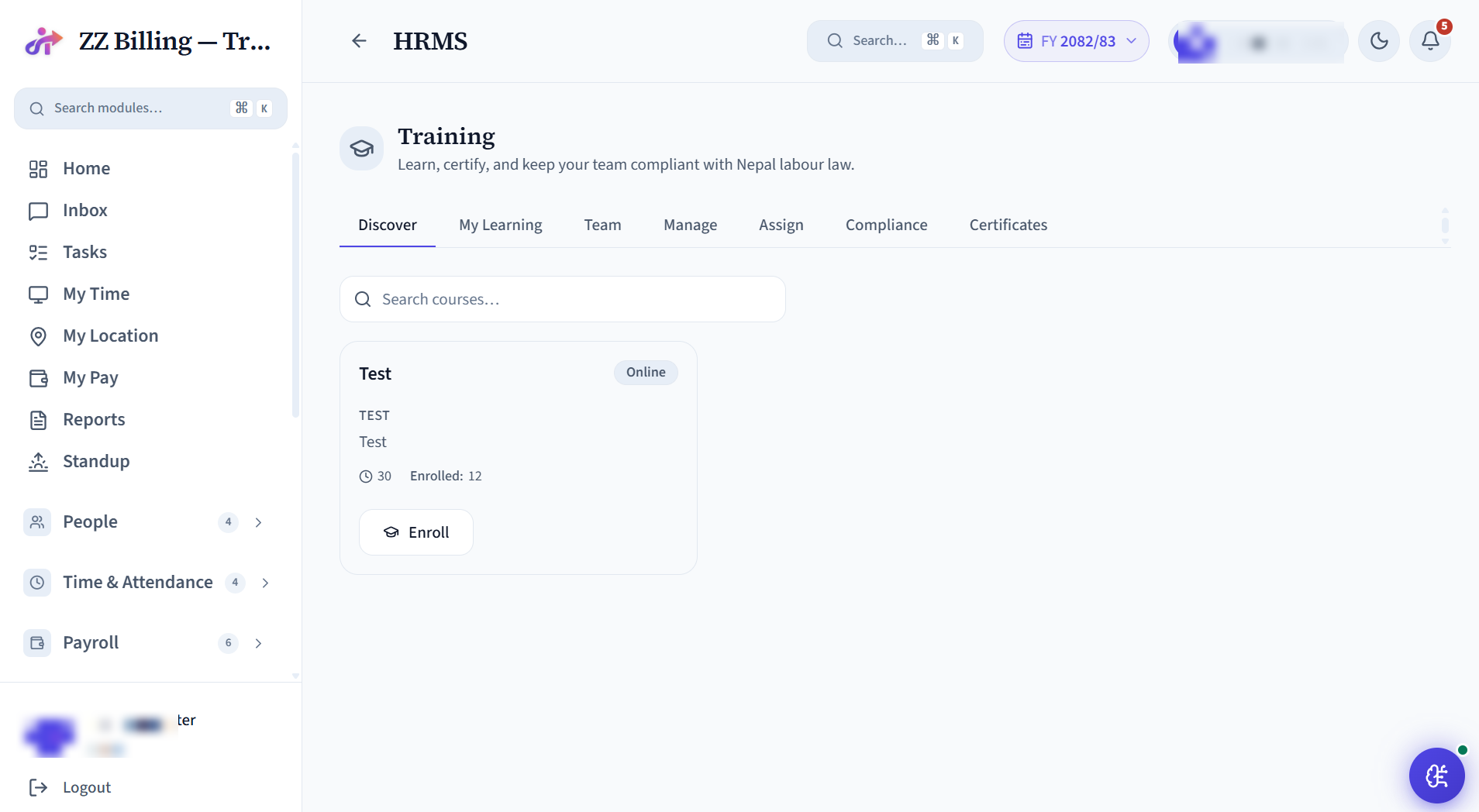 Training screen