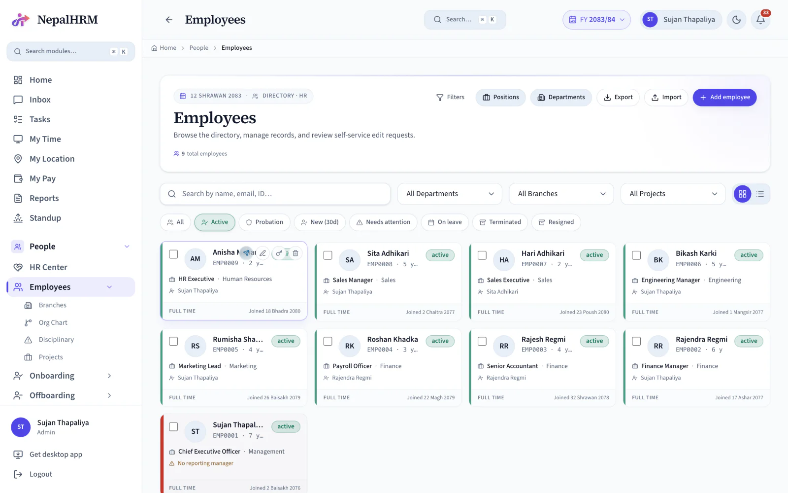 The NepalHRM employee directory with searchable cards showing each person's role, department, reporting manager, employment type and joining date