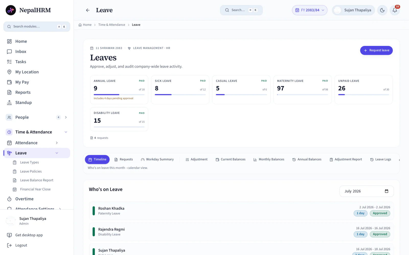NepalHRM leave dashboard showing live leave balances and a who's-on-leave timeline for the month