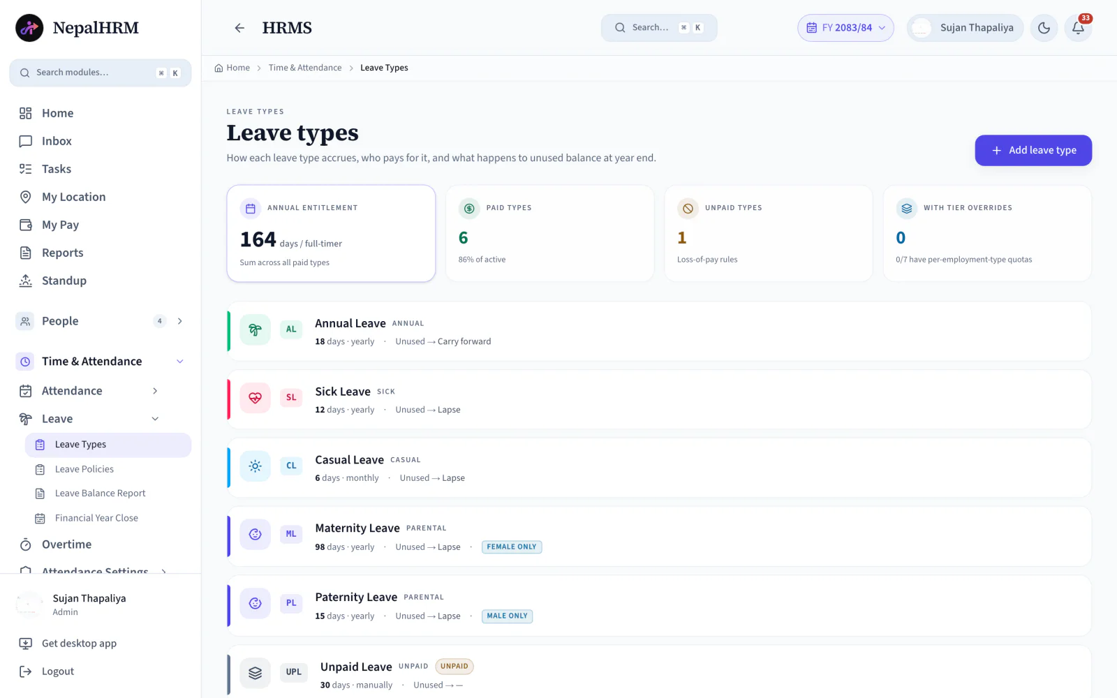 NepalHRM leave types screen listing annual, sick, casual, maternity and paternity leave with short codes, accrual method and unused-leave rules