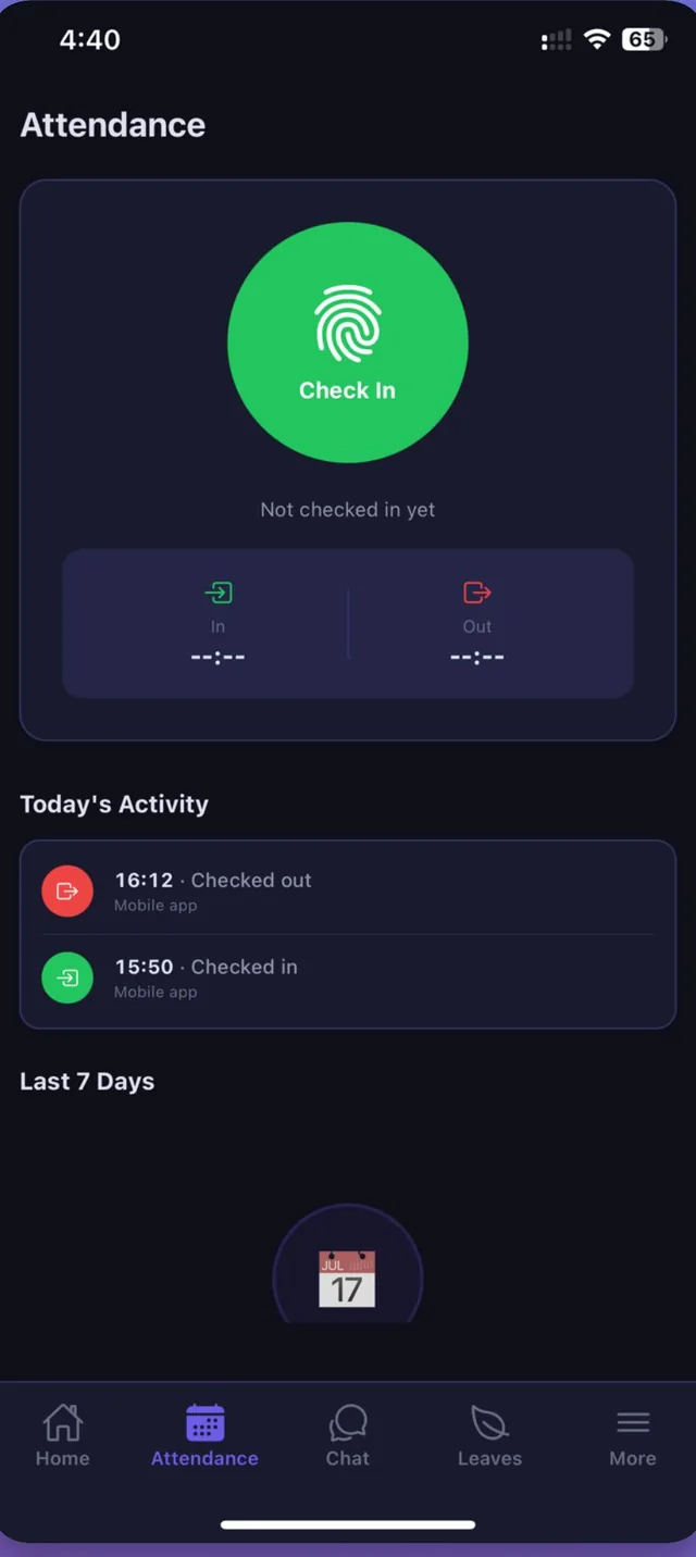 NepalHRM attendance app - biometric GPS check-in screen with check-in button and today's activity