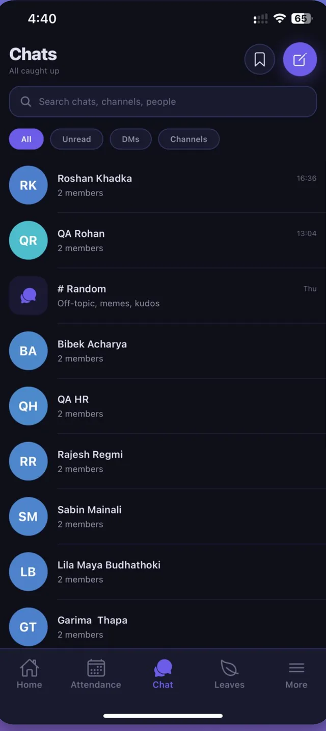 NepalHRM team chat app - direct messages, channels, and company announcements